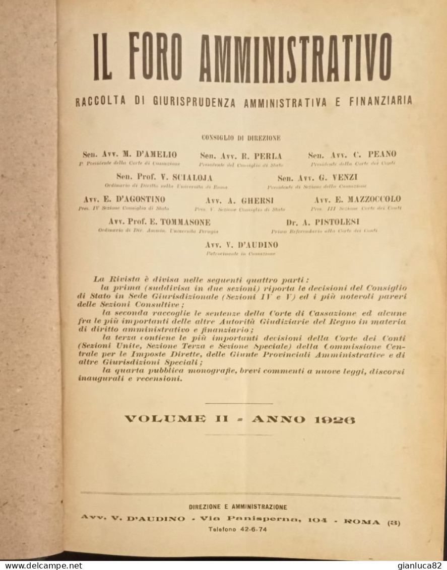 Il Foro Amministrativo Vol.2 1926 Direzione Amministrazione Roma (BV03) Come Foto Raccolta Giurisprudenza Amministrativa - Libri Antichi