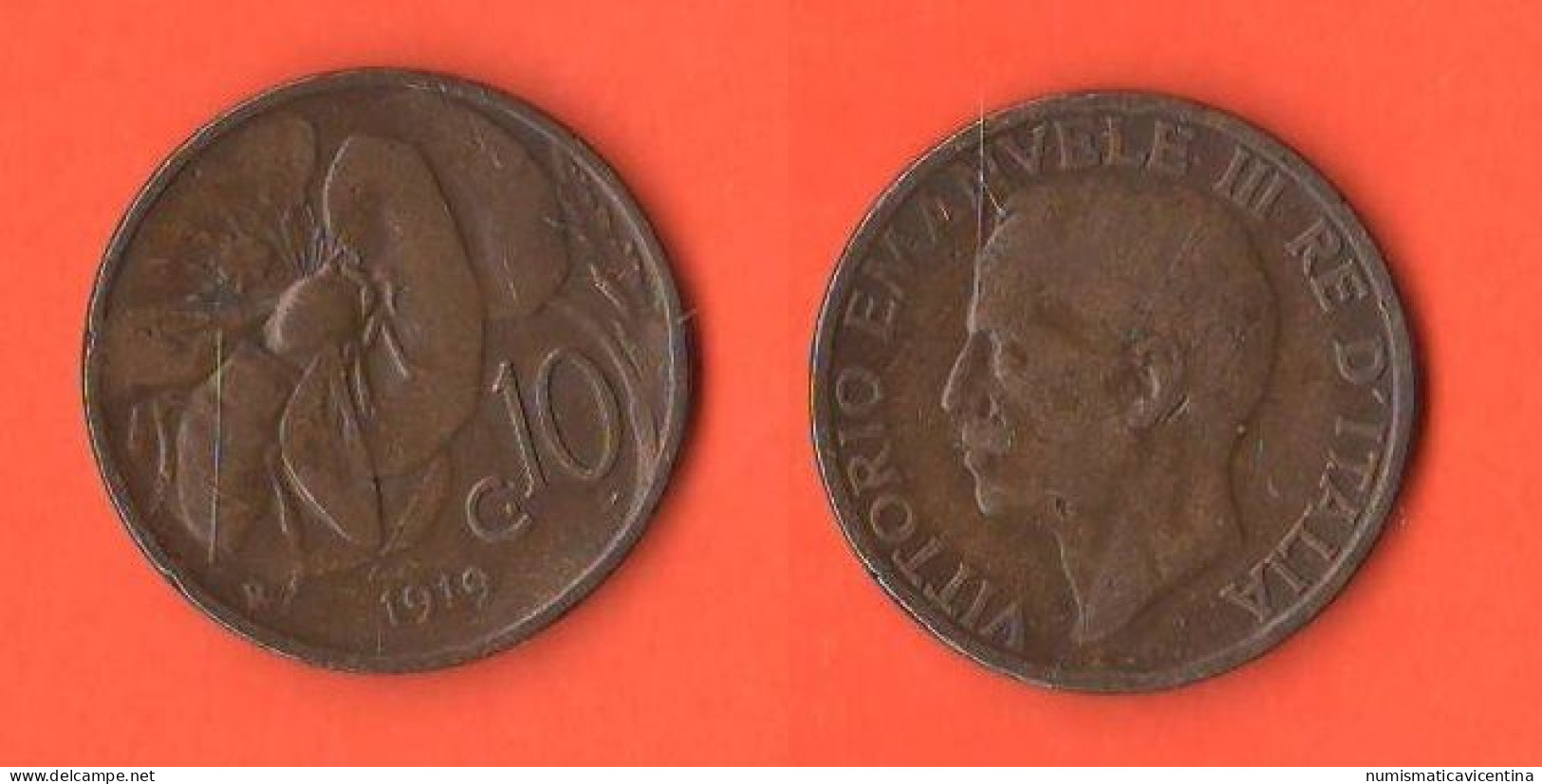 Italia Regno 10 Centesimi Cents 1919 Ape King Vittorio Emanuele III° Italie Italy Copper Coin Rare Date    ∇ 22 - 1900-1946 : Victor Emmanuel III & Umberto II