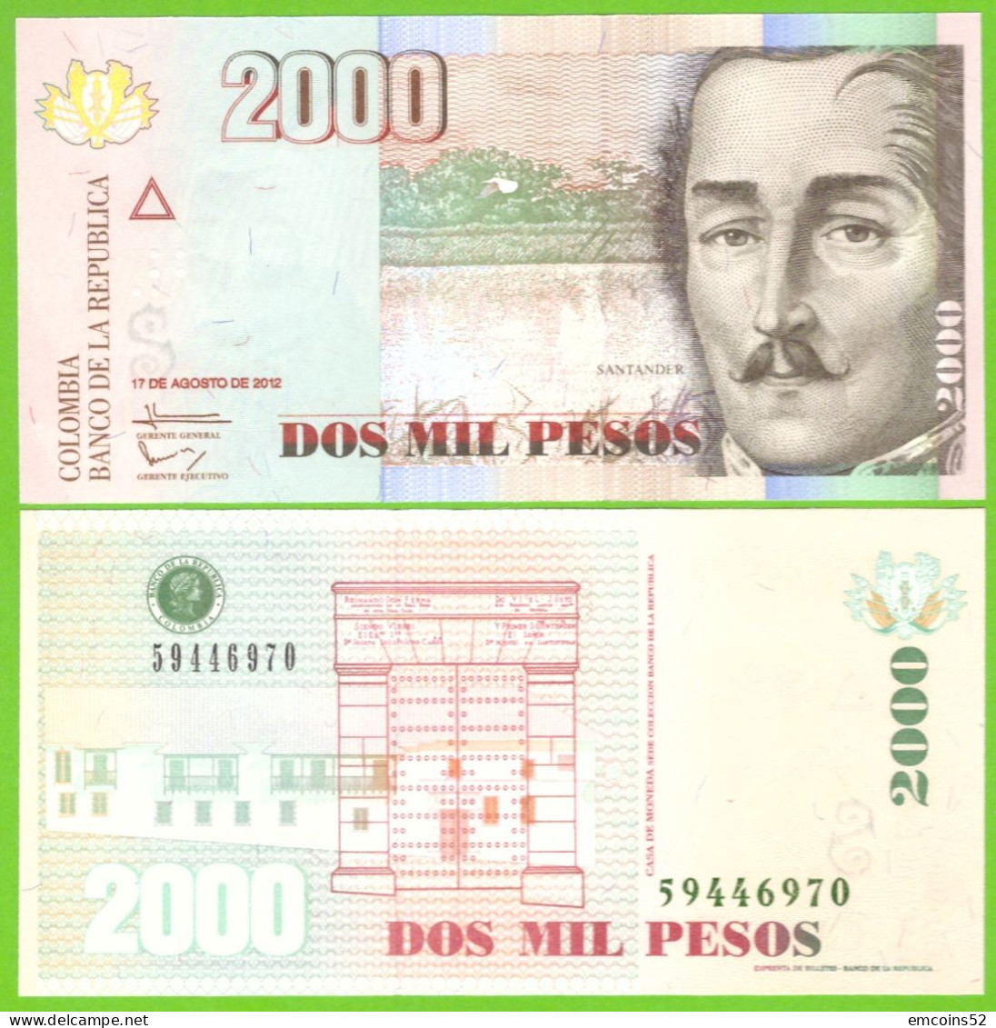 COLOMBIA 2000 PESOS 2012/08/17  P-457t UNC - Colombie