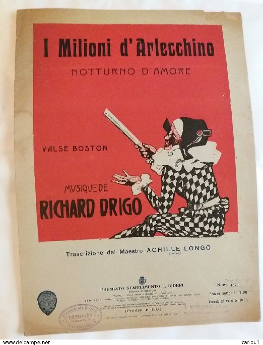 C1  I MILIONI D ARLECCHINO Drigo / Longo PARTITION Napoli 1916 Port Inclus France - Sonstige & Ohne Zuordnung