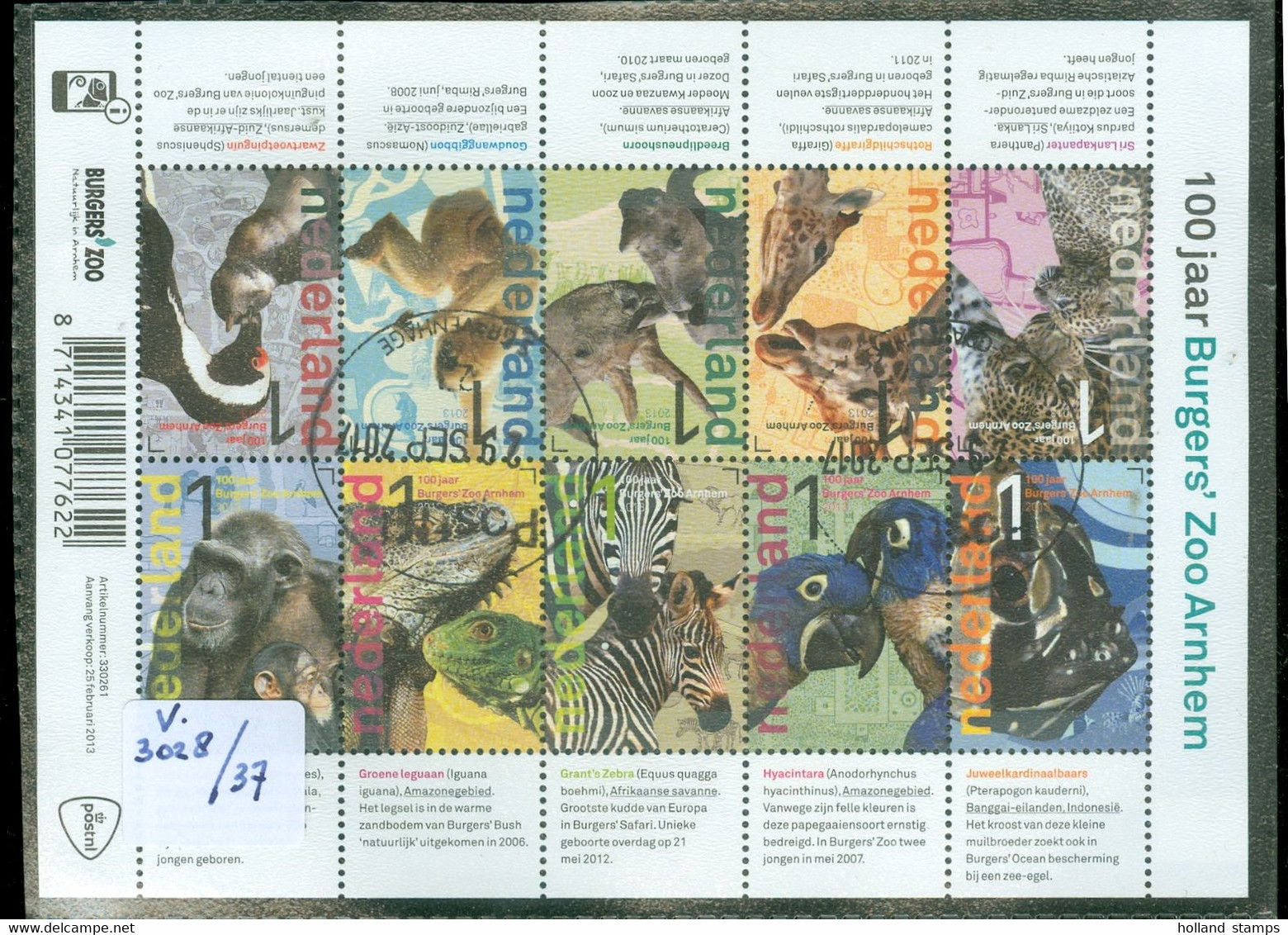 NEDERLAND NVPH  V.3028 - 37 * BLOK *  100 JAAR BURGERS'  ZOO * ANIMALS * POSTFRIS GESTEMPELD * CAT.W. EURO 20.00 - Usati