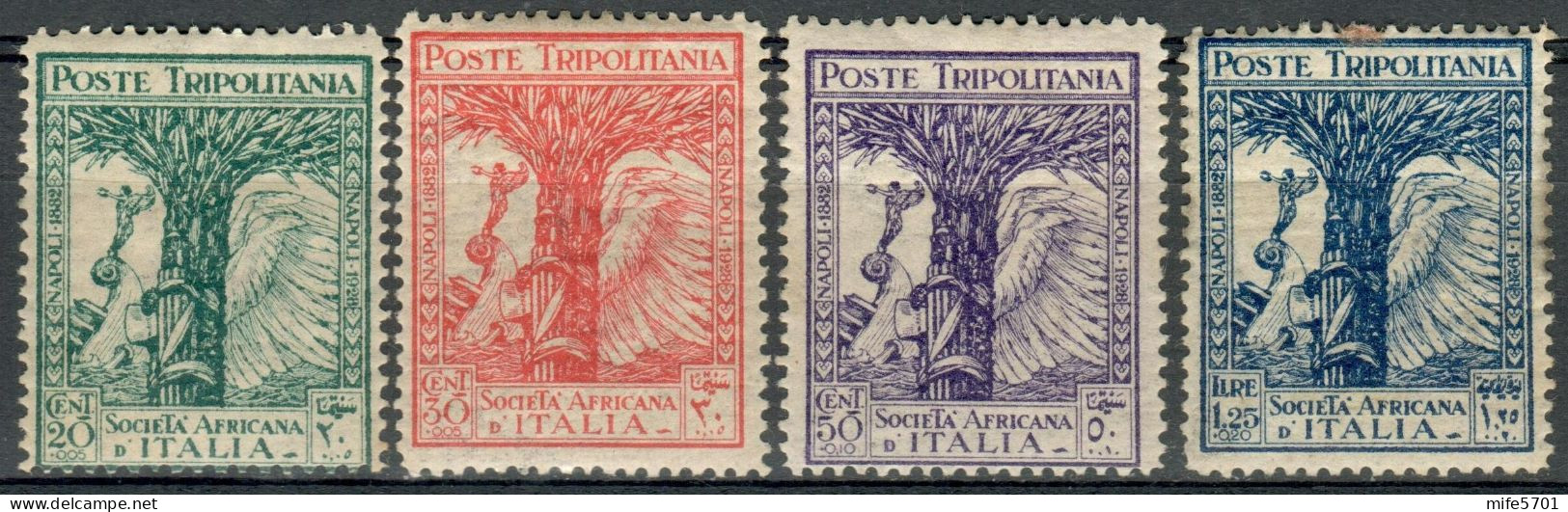 REGNO / COLONIE / TRIPOLITANIA 1928 SERIE PRO SOCIETÀ AFRICANA D'ITALIA 4 VALORI NUOVI CON LINGUELLA MLH SASSONE 46 / 49 - Tripolitania