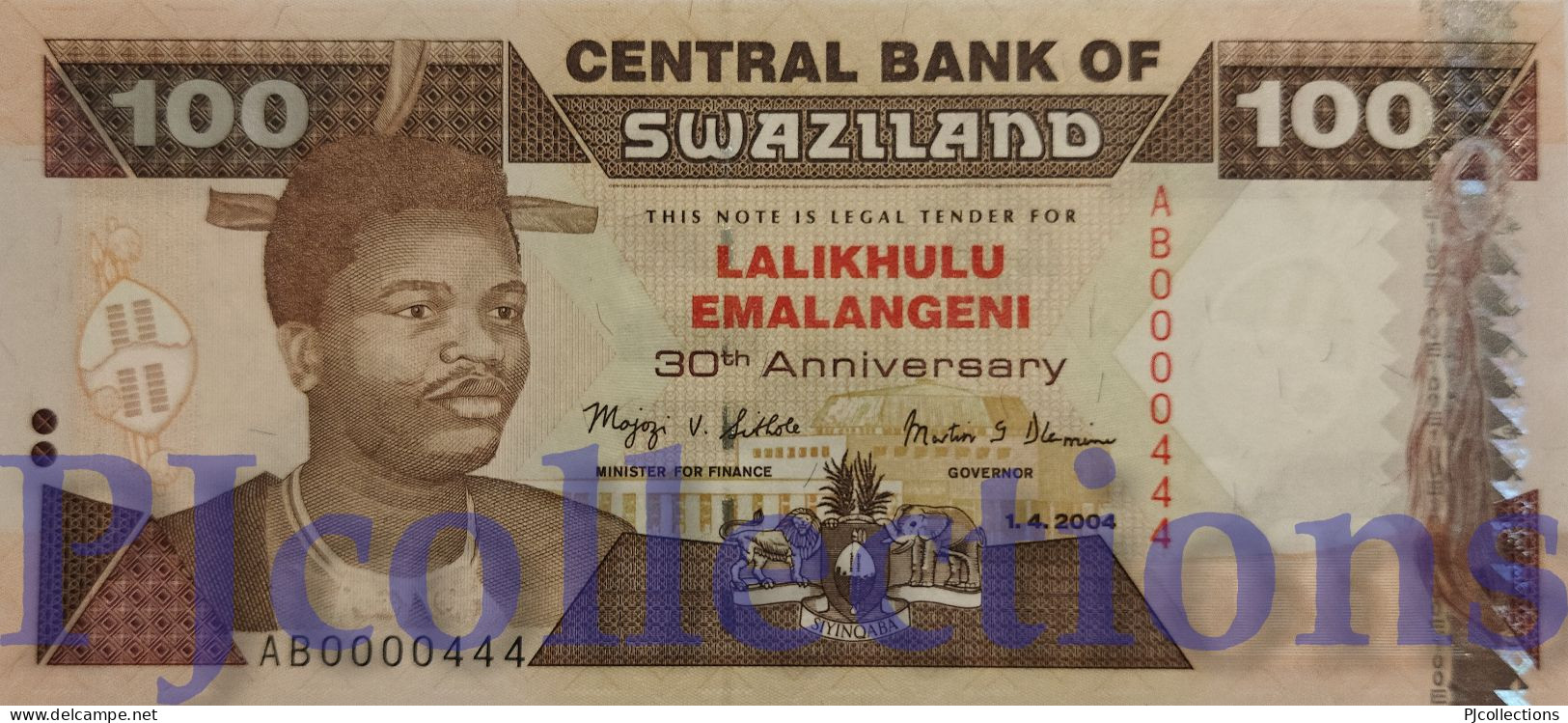 SWAZILAND 100 EMALANGENI 2004 PICK 33 UNC LOW & GOOD SERIAL NUMBER "AB0000444" - Swaziland