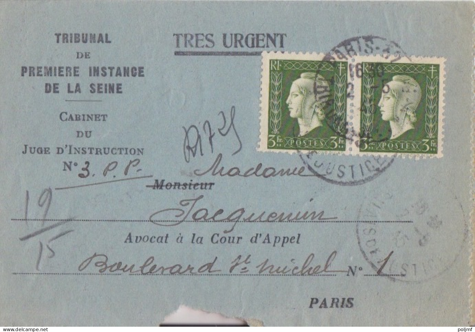 Lettre Du Tribunal De 1° Instance Rec. Provisoire Obl. Paris 42 Le 2/5/45 Sur 3f Dulac X 2 N° 694 (tarif Du 1/3/45) - 1944-45 Marianne Van Dulac