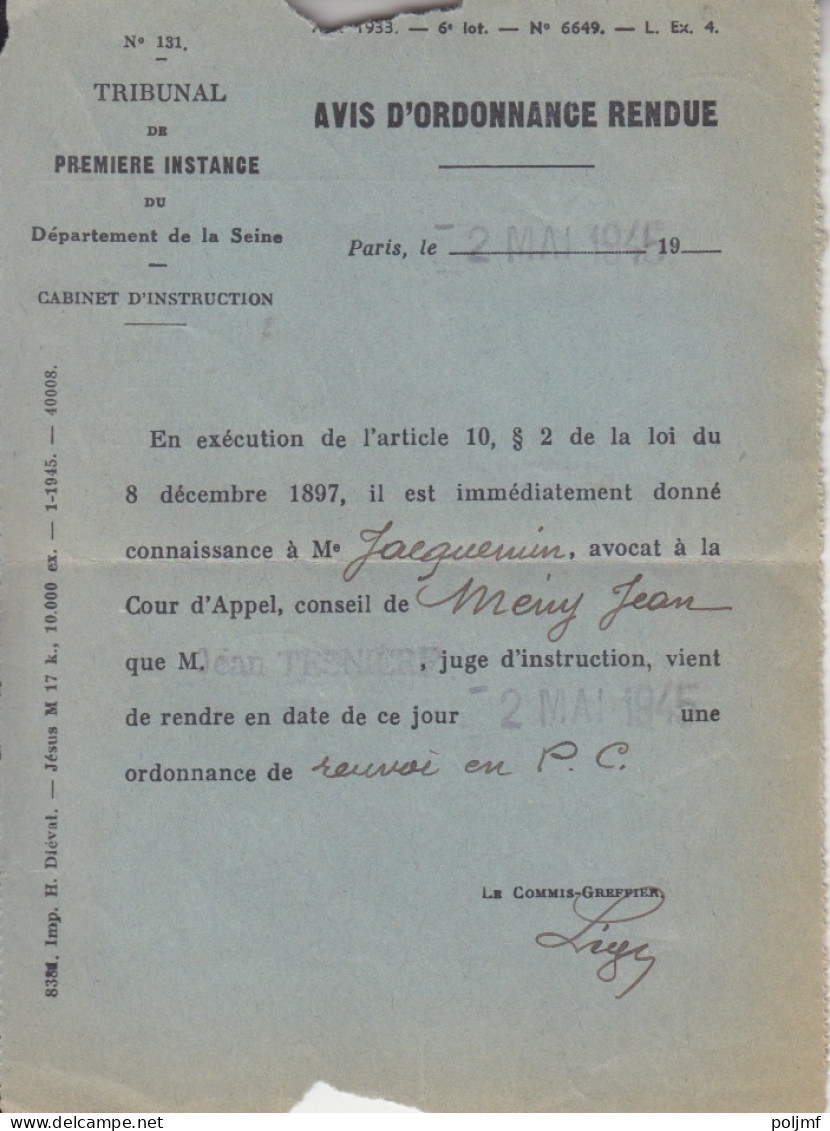 Lettre Du Tribunal De 1° Instance Rec. Provisoire Obl. Paris 42 Le 2/5/45 Sur 3f Dulac X 2 N° 694 (tarif Du 1/3/45) - 1944-45 Marianne Van Dulac