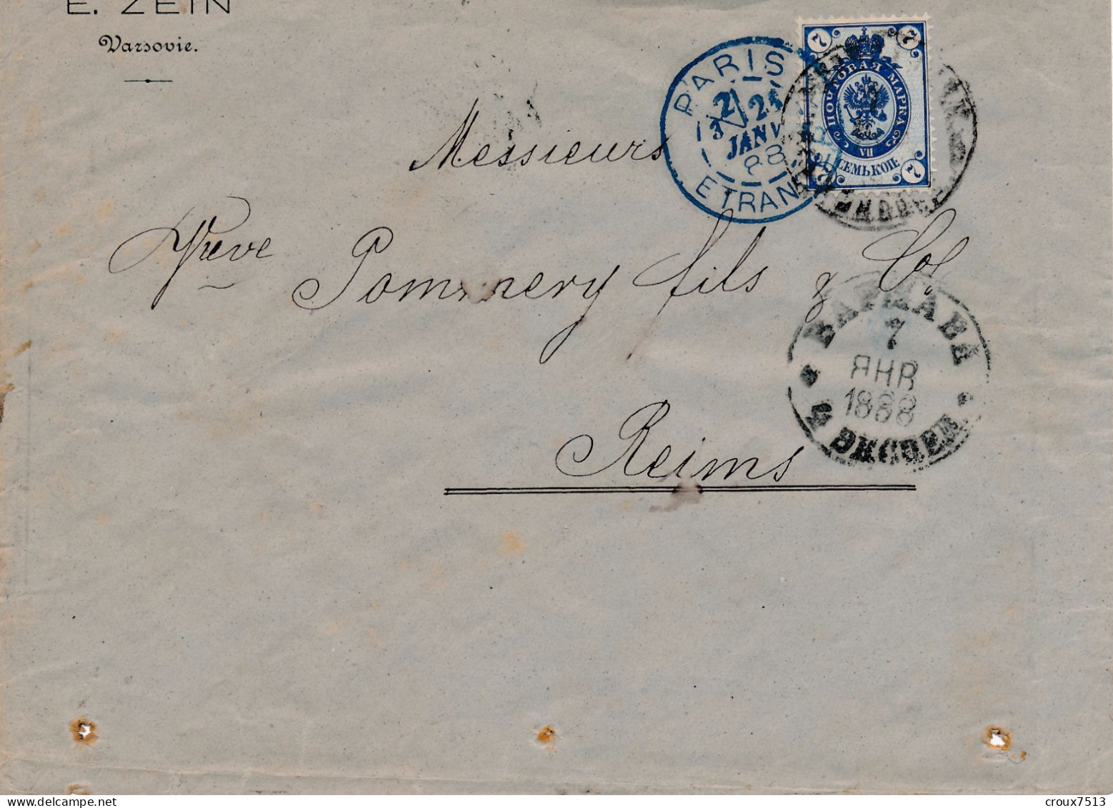 1888 Varsovie à Reims TB. - Lettres & Documents