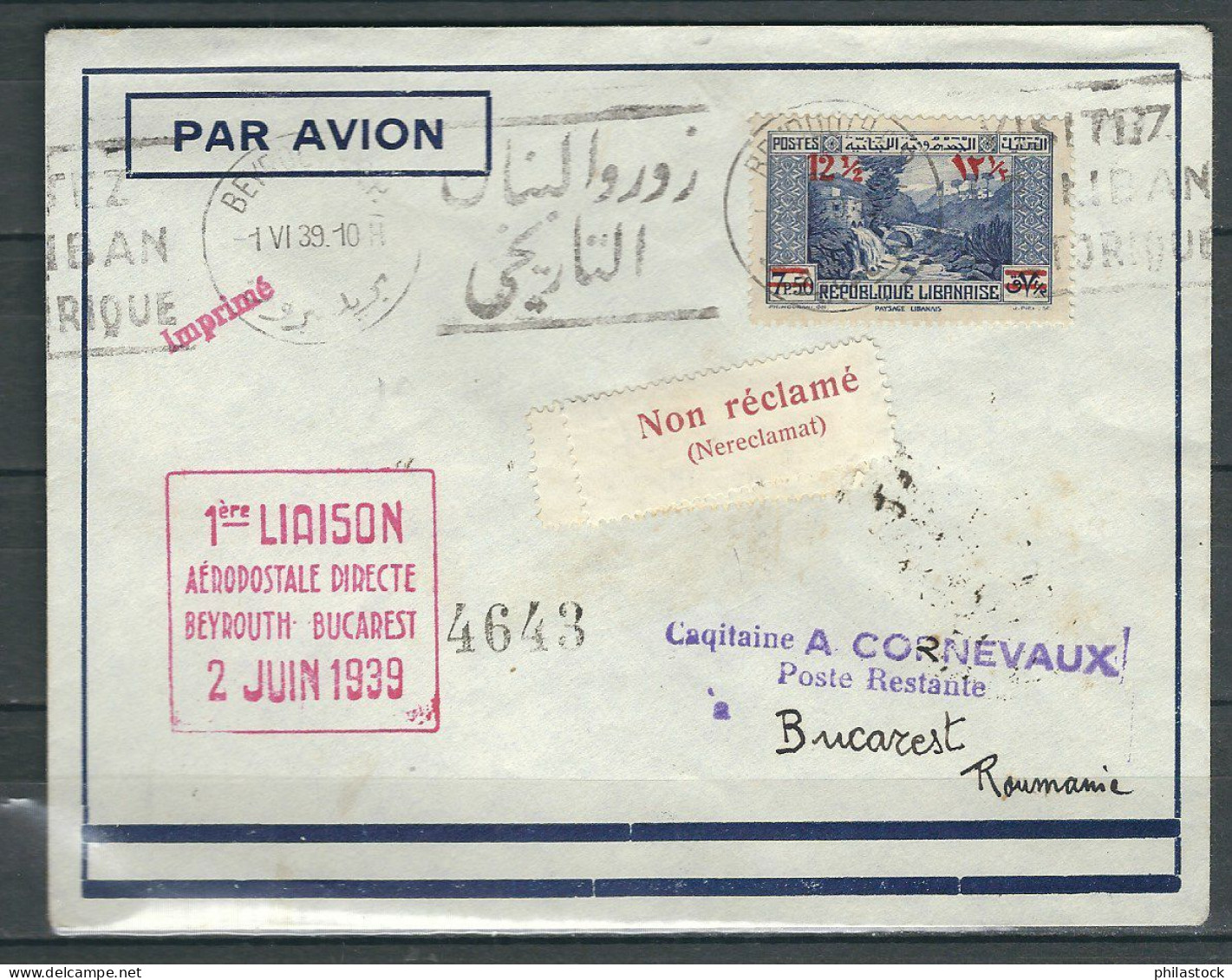 GRAND LIBAN  01/06/1939 1° Liaison Aéropostale Directe Beyrouth /Bucarest - Posta Aerea