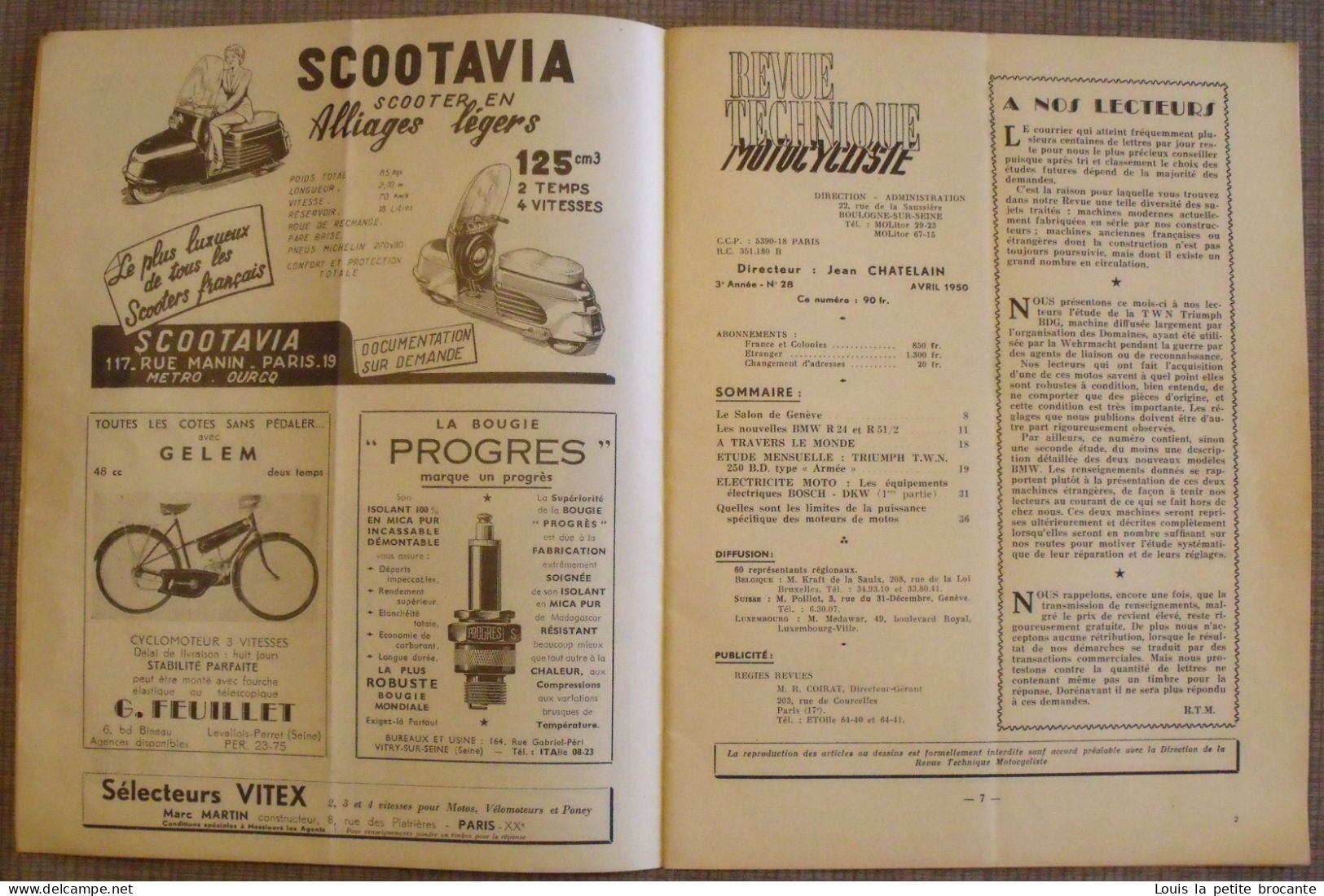 1 LIVRET "Revue Technique MOTOCYCLISTE" . Sommaire :  Salon De Genève, Les Nouvelles BMW R24 ET R51/2, TRIUMPH T.W.N 250 - Motorrad