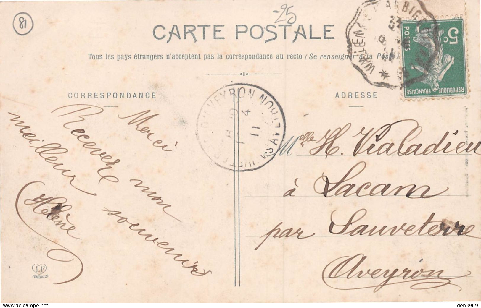 VALENCE-d'ALBIGEOIS (Tarn)  - Le Couvent - Voyagé 1911 (2 Scans) Mlle Vialadieu à Lalcam Aveyron - Valence D'Albigeois