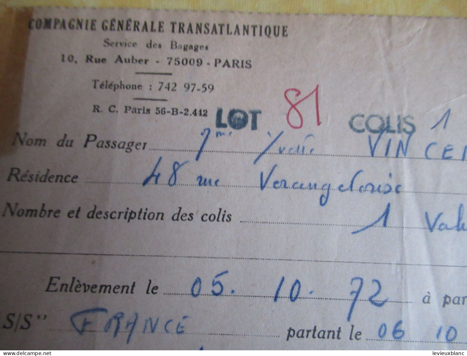 Enregistrement à Domicile D'une Valise/  Paquebot "FRANCE"/ Cie Gle Transatlantique//1972        MAR122 - Boten