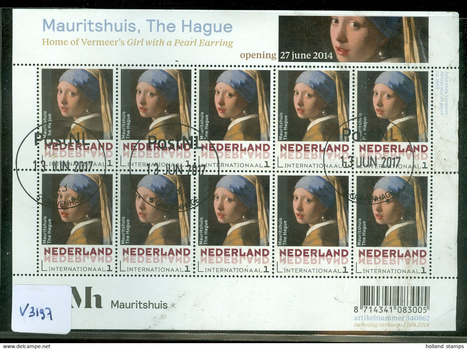 NEDERLAND *  NVPH V3197 * MAURITSHUIS * VERMEER * BLOK * NETHERLANDS * POSTFRIS GESTEMPELD * CAT.W. EURO 32,00 - Oblitérés