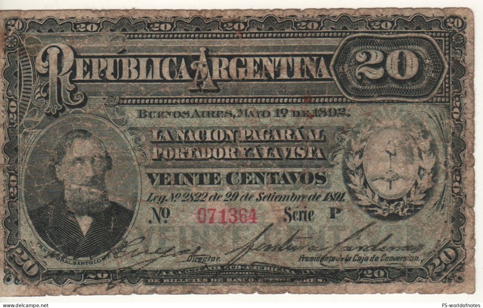 ARGENTINA  20 Centavos P215  	 L. 29.09.1891   (  Lieutenant-General Bartolomé Mitre  + Head Of Bull At Back ) - Argentina