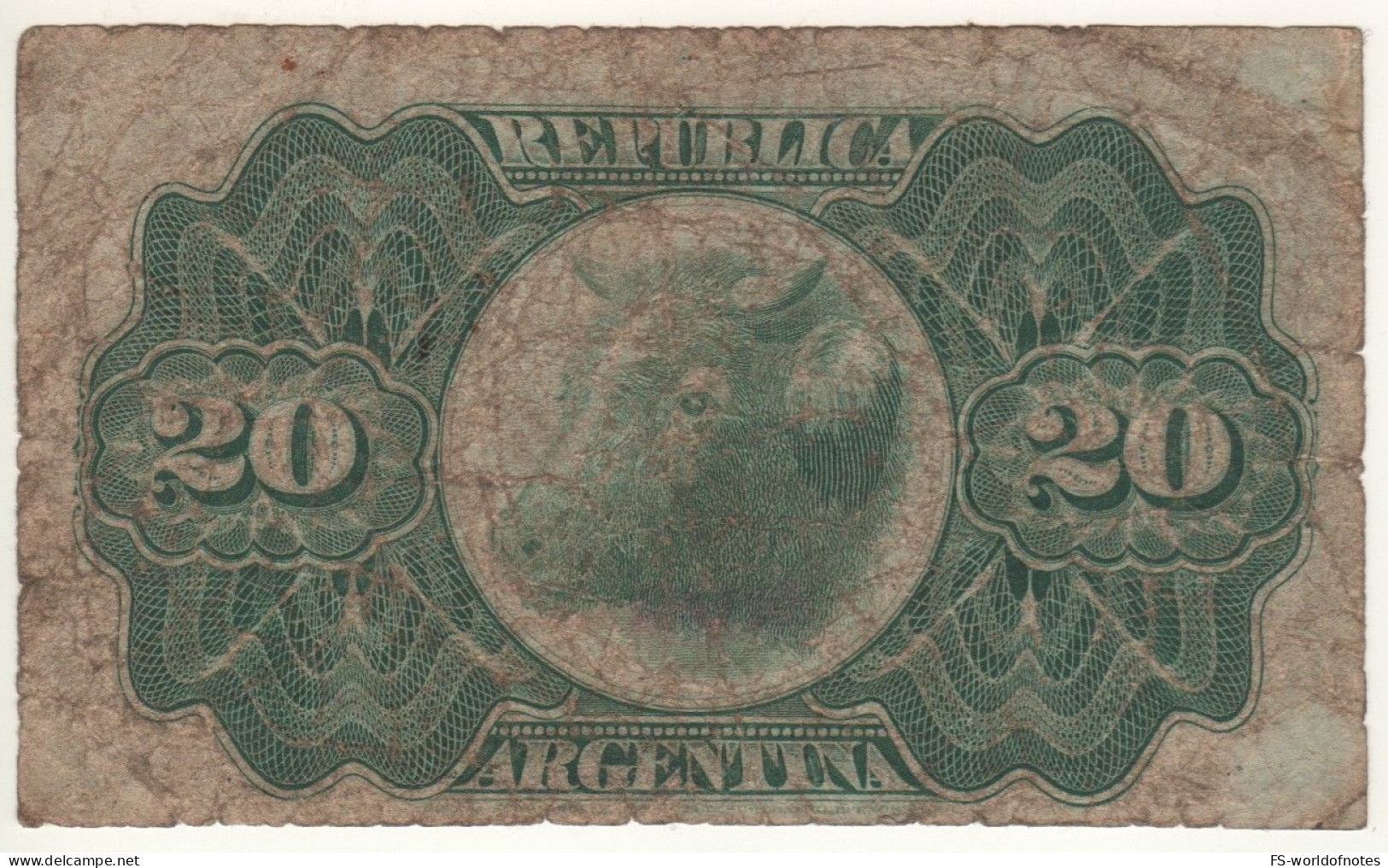 ARGENTINA  20 Centavos P215  	 L. 29.09.1891   (  Lieutenant-General Bartolomé Mitre  + Head Of Bull At Back ) - Argentinien