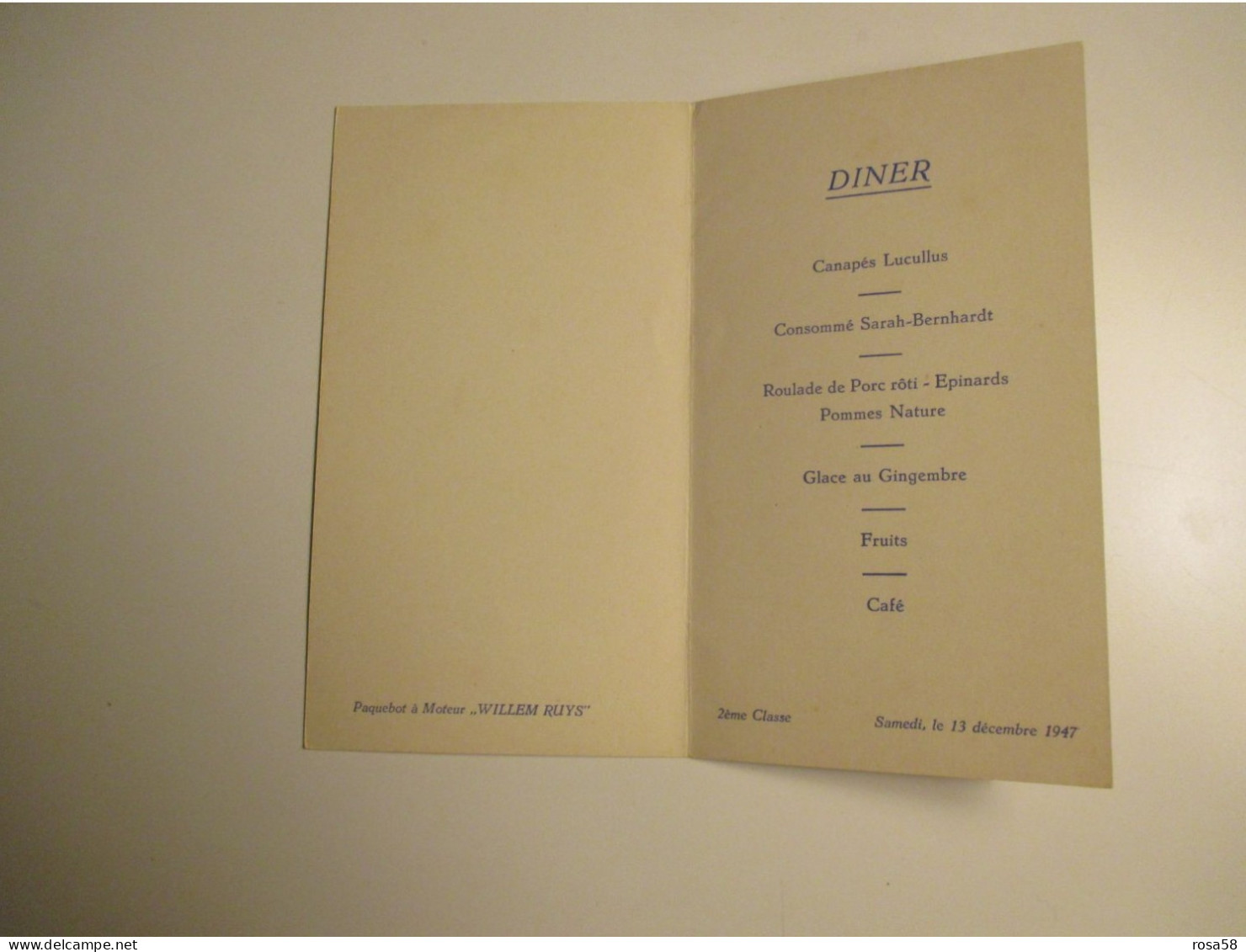 13 Dicembre 1947 Menù 2°classe Paquebot A Moteur WILLEM RUYS Rotterdamsche LLOYD Diner - Menus