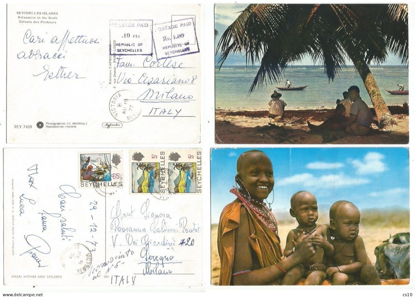 Seychelles Isl. #2 Pcard To Europe : 1977 Postage Paid Violet 2x PMK Rate Rs.1.10 / 1973 Masai Family 3 Stamps - Seychelles (1976-...)