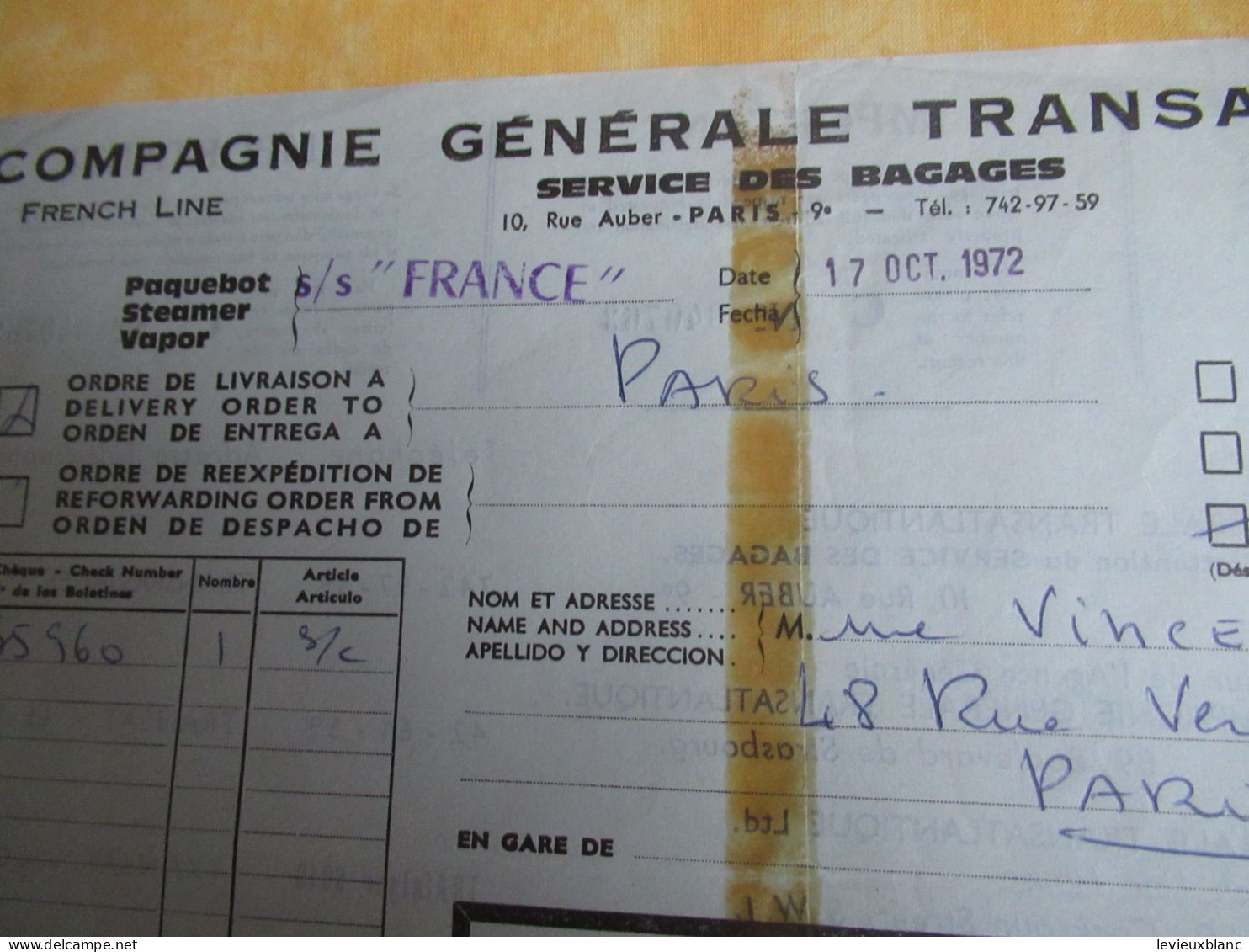 Service Des Bagages/ Madame VINCENT/ Paris / Paquebot " FRANCE "/ Cie Gle Transatlantique//1972        MAR123 - Boats