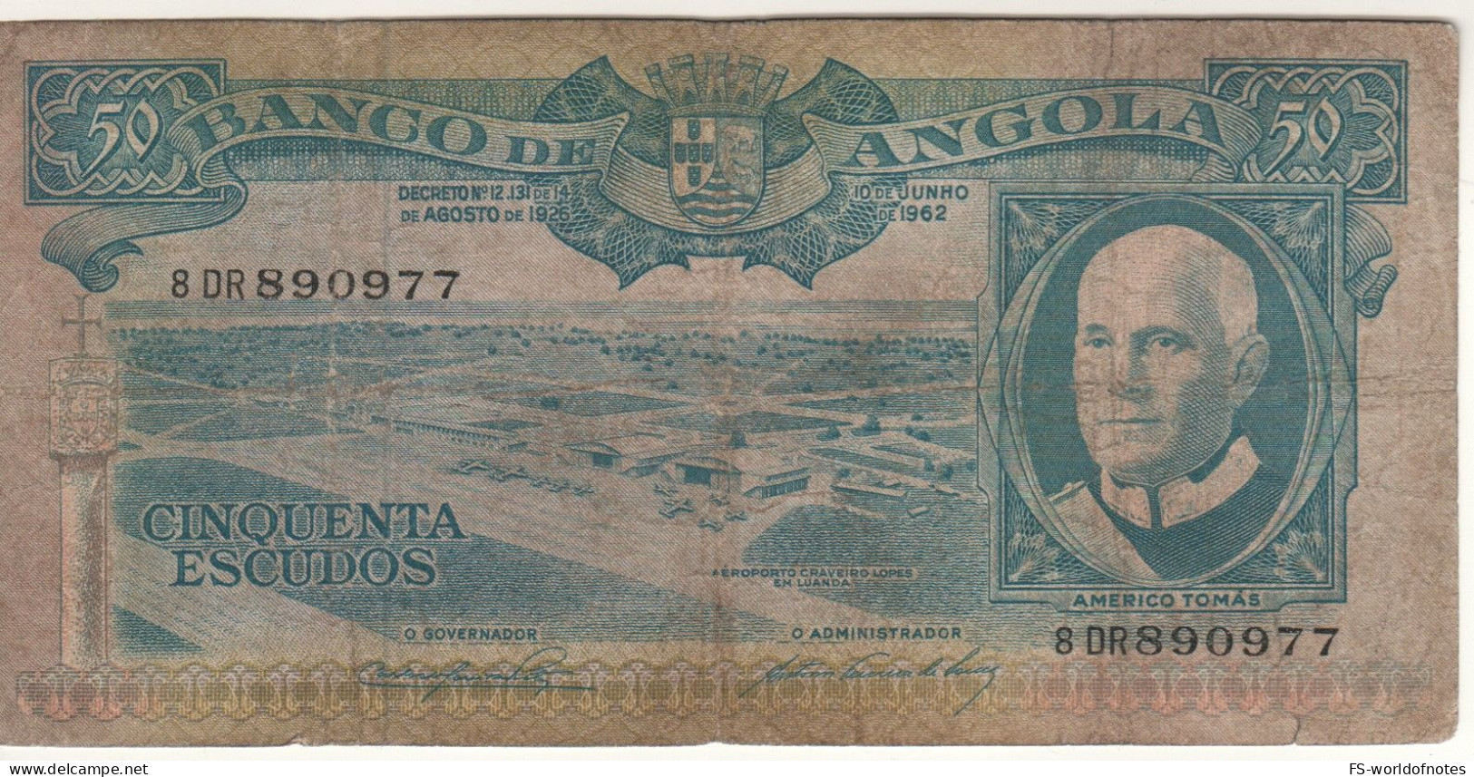 ANGOLA 50 Escudos  P93  Dated 	10.06.1962 ( Craveiro Lopes Airport (Luanda), Americo Tomás + Animals At Water Hole) - Angola