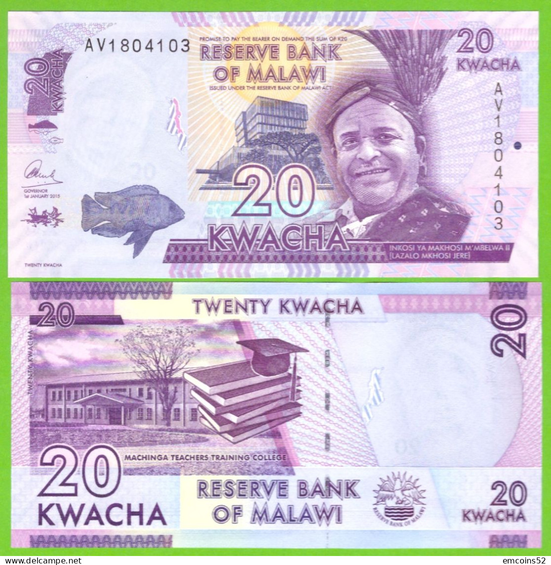 MALAWI 20 KWACHA 2015 P-63b UNC - Malawi