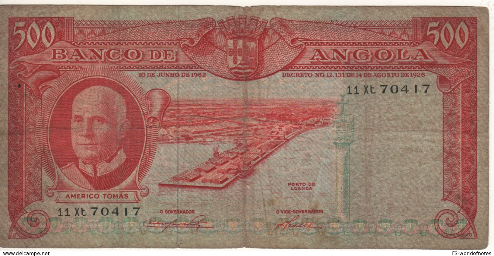 ANGOLA 500 Escudos  P95 Dated 10.06.1962 (Americo Tomás - Port Of Luanda + Rhinoceros At Back ) - Angola