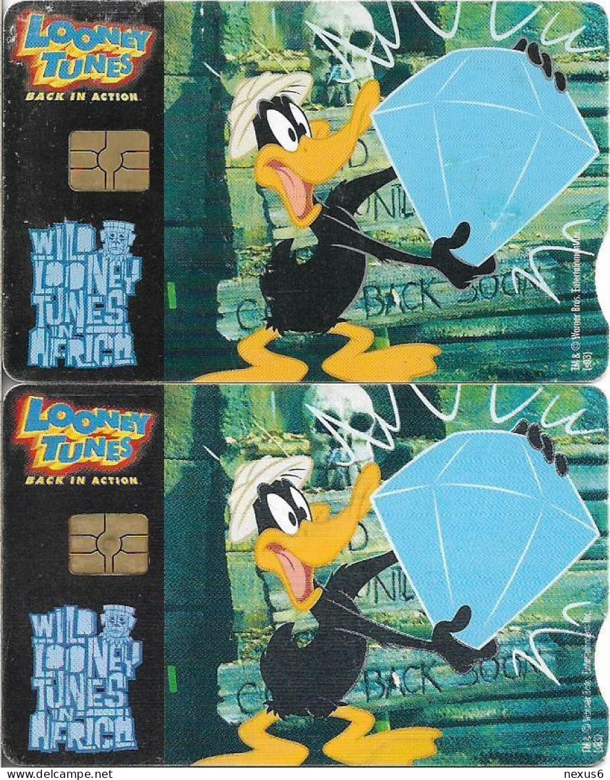 S. Africa - Telkom - Looney Tunes Daffy Duck, 2 Cards (Different CN's Big & Small), Gem5 Red, 2003, 20R, Both Used - South Africa