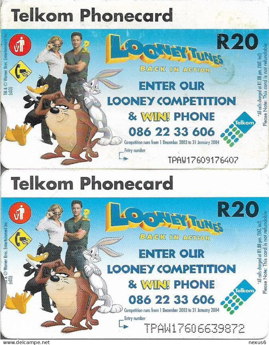 S. Africa - Telkom - Looney Tunes Daffy Duck, 2 Cards (Different CN's Big & Small), Gem5 Red, 2003, 20R, Both Used - Südafrika