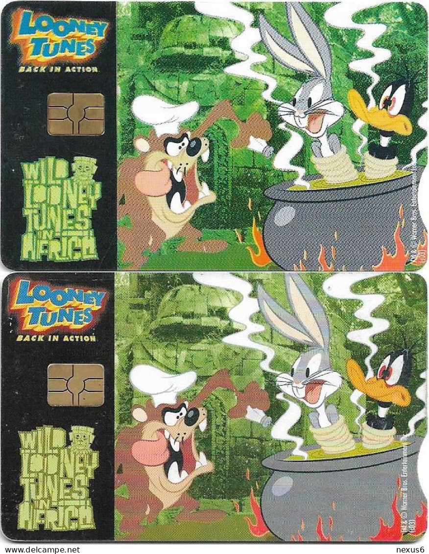 S. Africa - Telkom - Looney Tunes Dinner Time, 2 Cards (Different CN's Big & Small), Gem5 Red, 2003, 20R, Both Used - Sudafrica