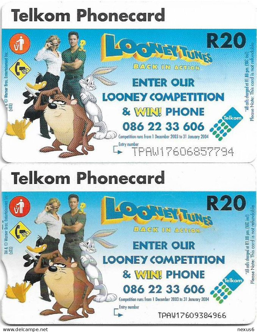 S. Africa - Telkom - Looney Tunes Dinner Time, 2 Cards (Different CN's Big & Small), Gem5 Red, 2003, 20R, Both Used - Sudafrica