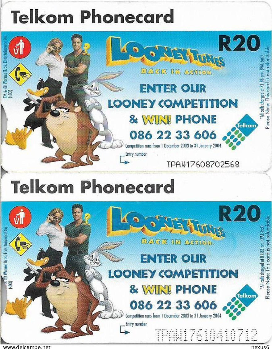 S. Africa - Telkom - Looney Tunes The Gang, 2 Cards (Different CN's Big & Small), Gem5 Red, 2003, 20R, Both Used - Afrique Du Sud