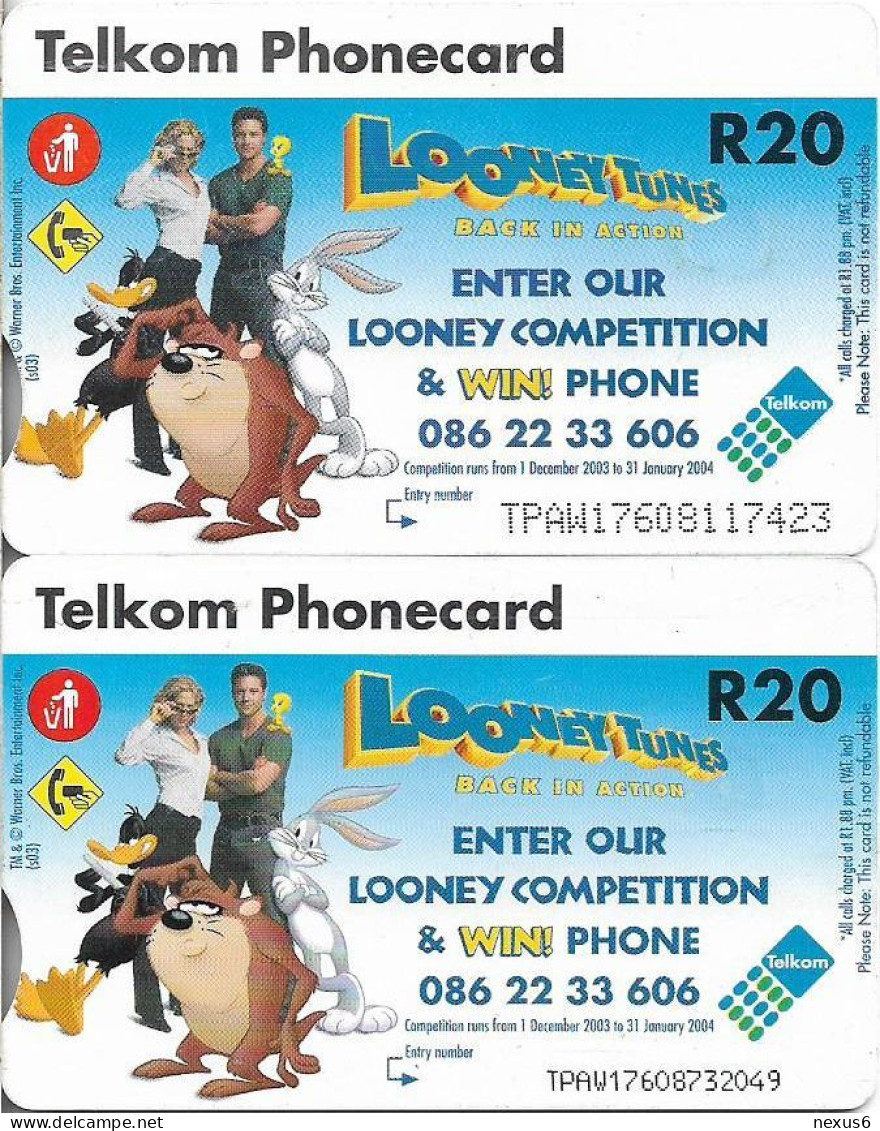 S. Africa - Telkom - Looney Tunes Tweety Bird, 2 Cards (Different CN's Big & Small), Gem5 Red, 2003, 20R, Both Used - South Africa