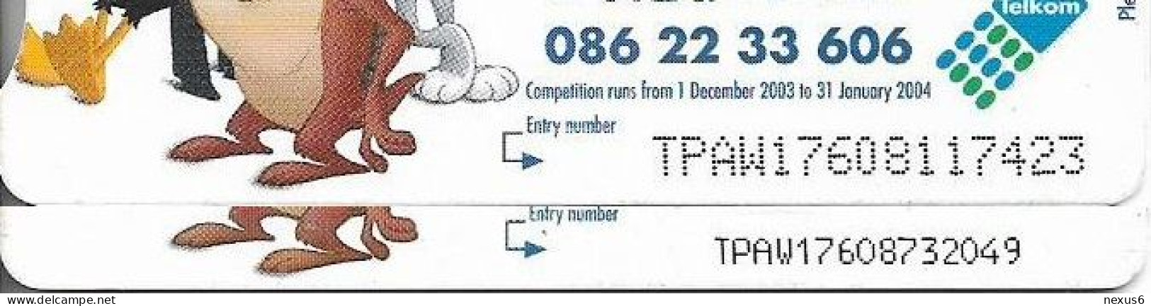 S. Africa - Telkom - Looney Tunes Tweety Bird, 2 Cards (Different CN's Big & Small), Gem5 Red, 2003, 20R, Both Used - Sudafrica