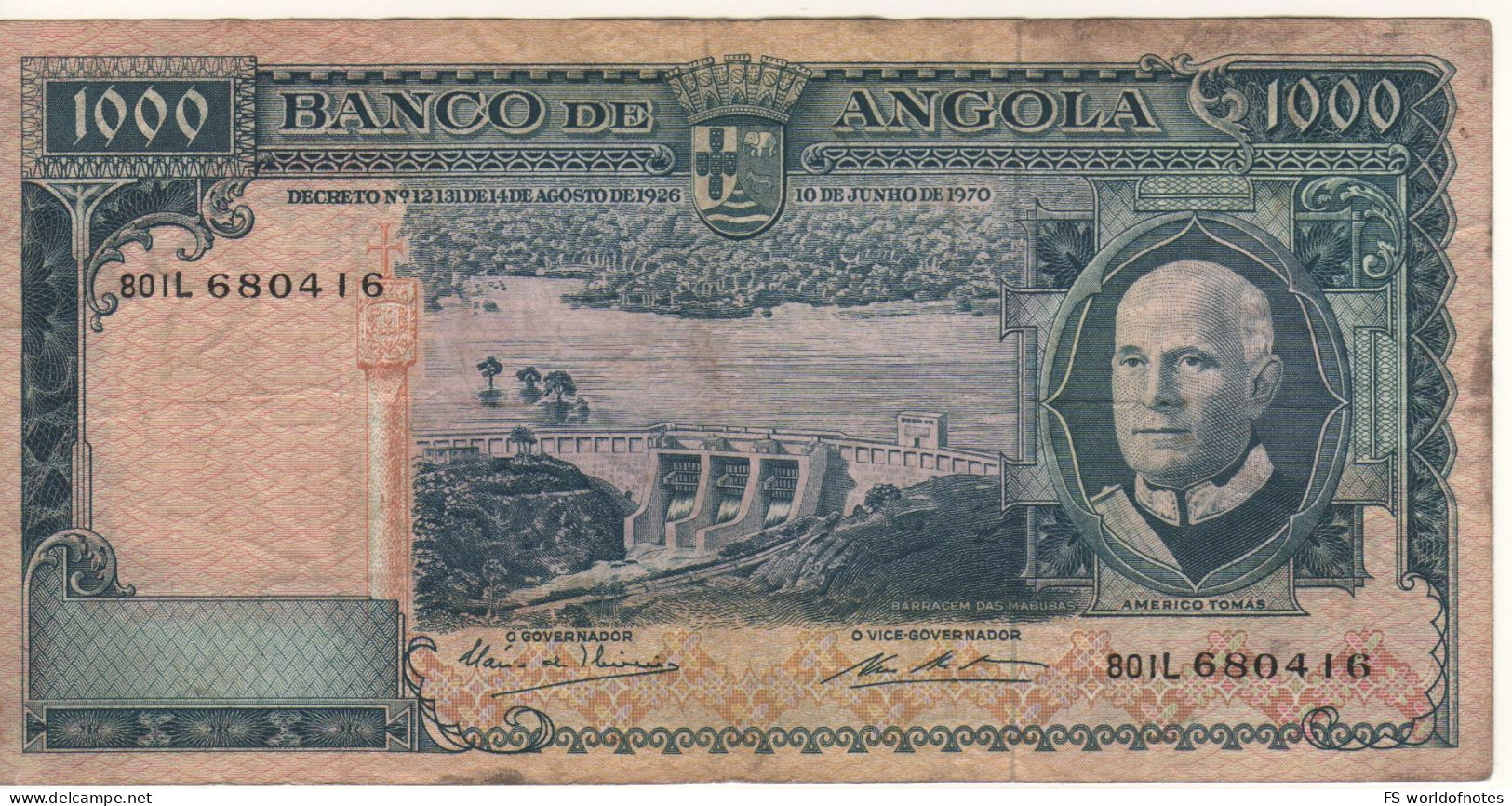 ANGOLA 1'000 Escudos  P98 Dated 10.06.1970 (Americo Tomás -  Mabubas Dam + Palancas Negras At Back ) - Angola