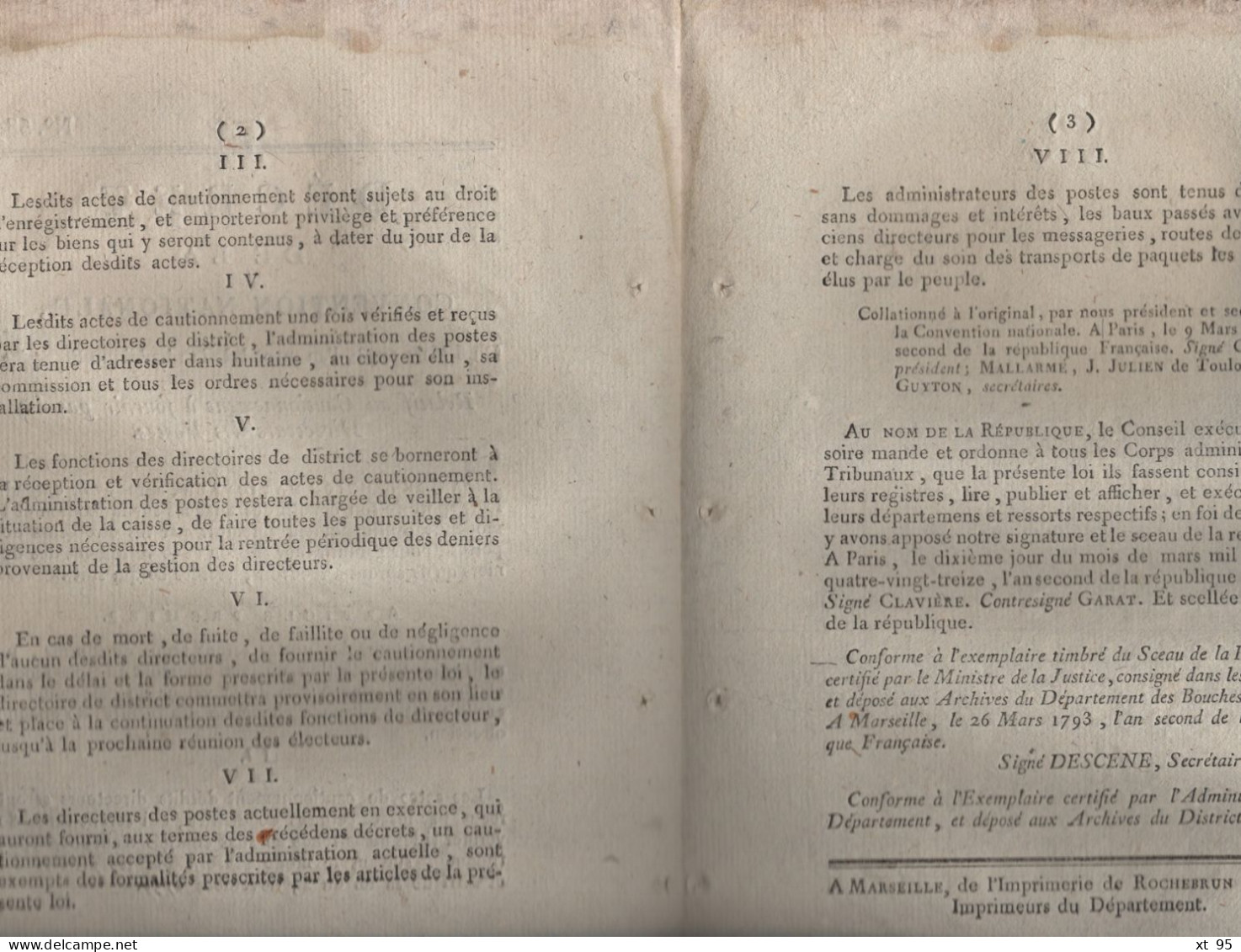 Decret De La Convention Nationale - Relatif Au Cautionnement A Fournir Par Les Directeurs Des Postes - 1793 - 1701-1800: Voorlopers XVIII