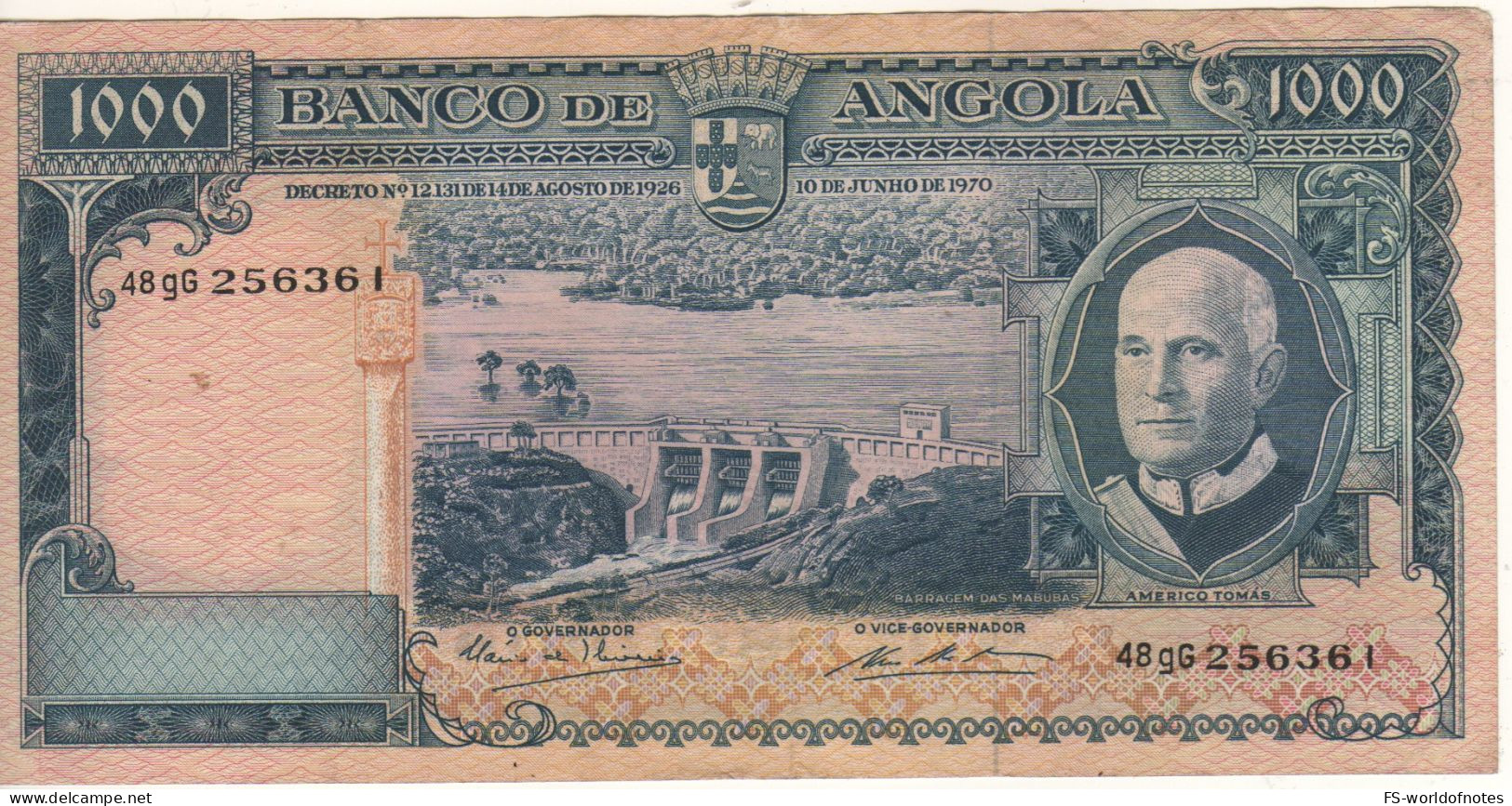 ANGOLA 1'000 Escudos  P98 Dated 10.06.1970 (Americo Tomás -  Mabubas Dam + Palancas Negras At Back ) - Angola