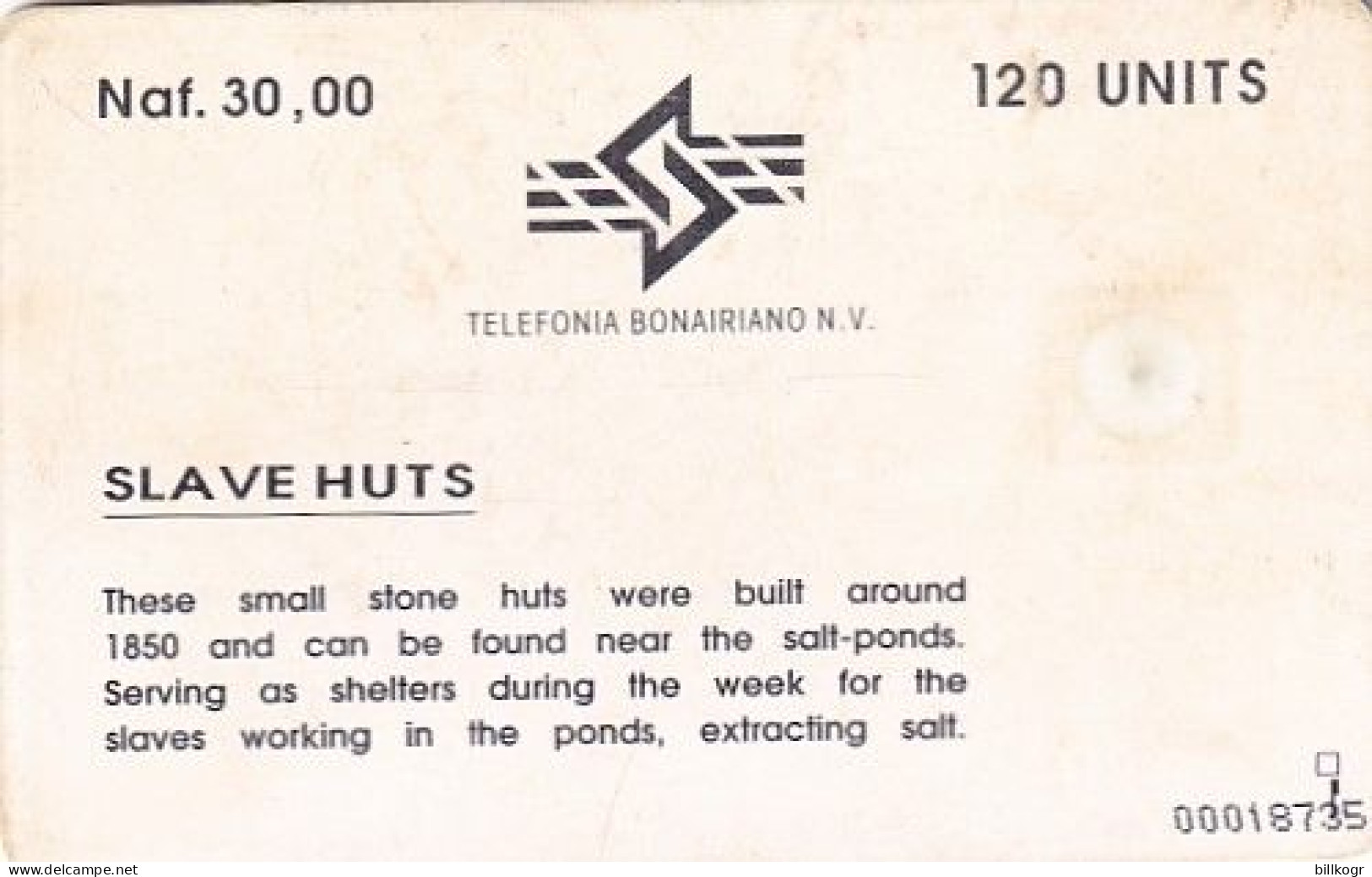 BONAIRE(NETH.ANTILLES) - Slave Huts, First Chip Issue 120 Units, Tirage %5000, Used - Antilles (Netherlands)