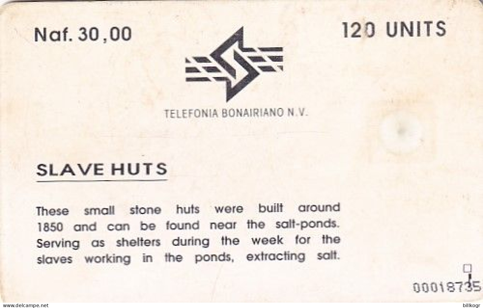 BONAIRE(NETH.ANTILLES) - Slave Huts, First Chip Issue 120 Units, Tirage %5000, Used - Antilles (Neérlandaises)