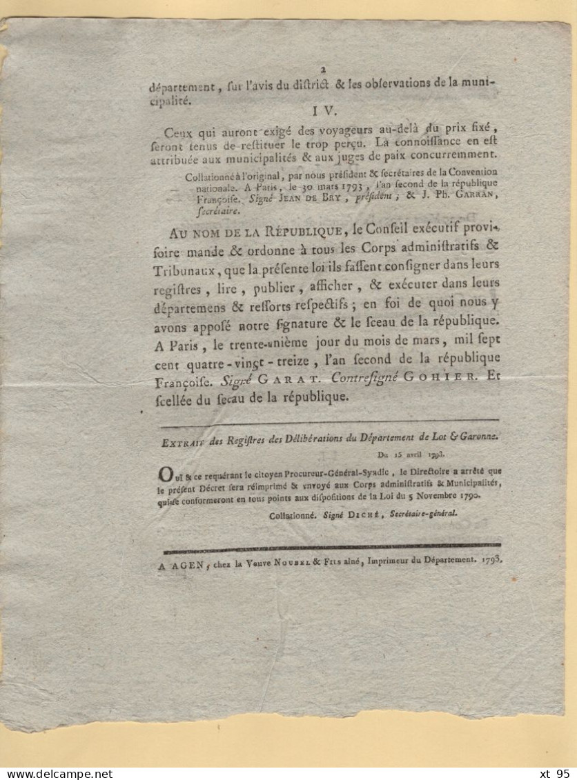 Decret De La Convention Nationale - 1793 - Qui Fixe Le Prix Des Chevaux De Poste - Lot Et Garonne - 1701-1800: Precursores XVIII