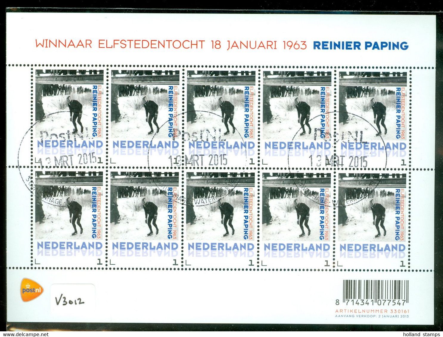 Nederland 2013 * V 3012 * POSTFRIS GESTEMPELD  * BLOK * ELFSTEDENTOCHT * SCHAATSEN * REINIER PAPING * C.W. EURO 20,00 - Usati