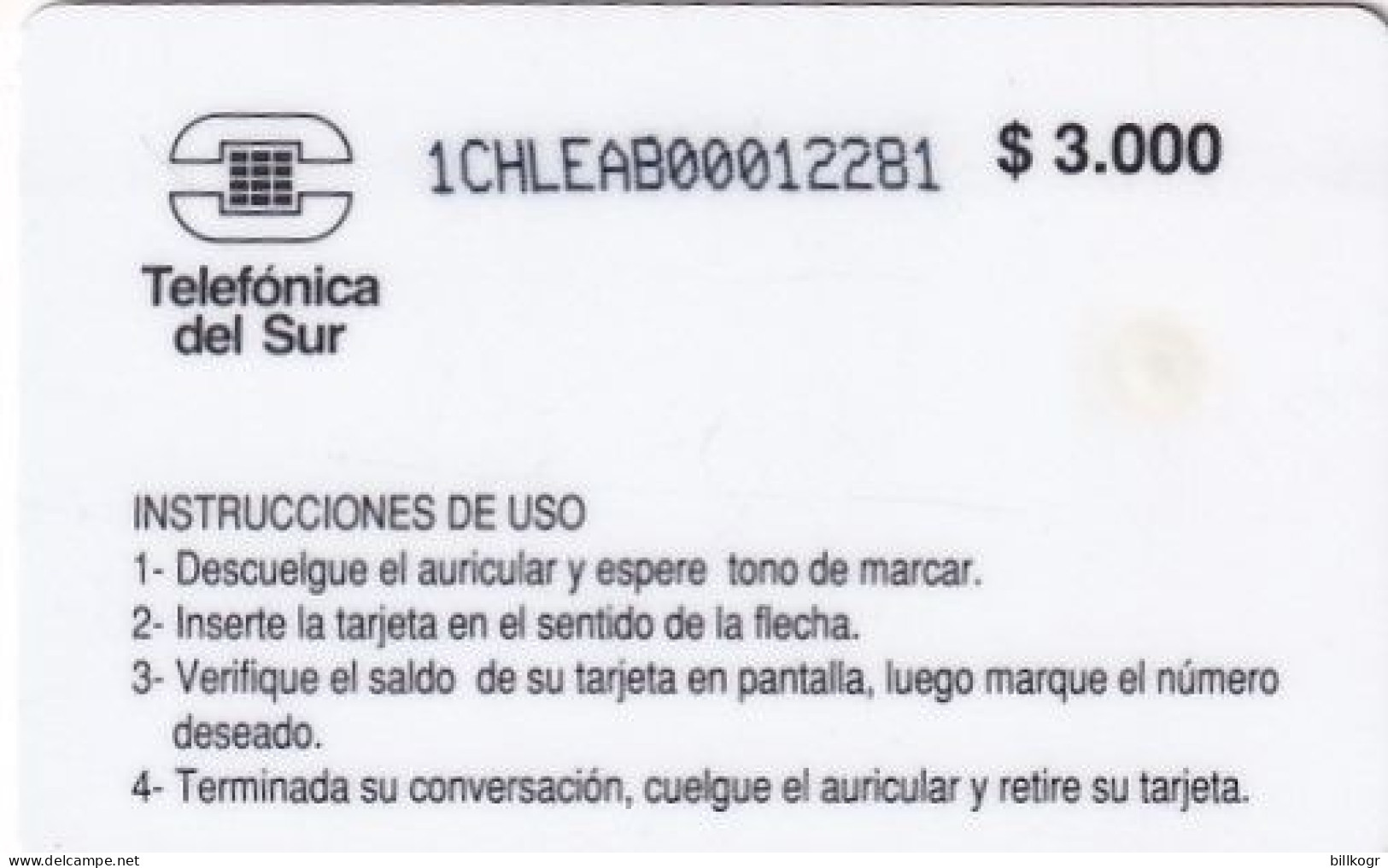 CHILE - Oficinas Generales, Telefonica Del Sur First Issue $3000, CN : 1CHLEAA, Used - Chili
