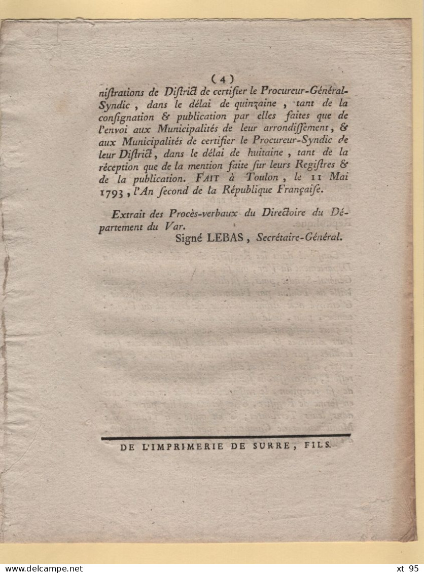 Decret De La Convention Nationale - 1793 - Relatif Au Service Des Postes Et Messageries - Var - 1701-1800: Precursores XVIII