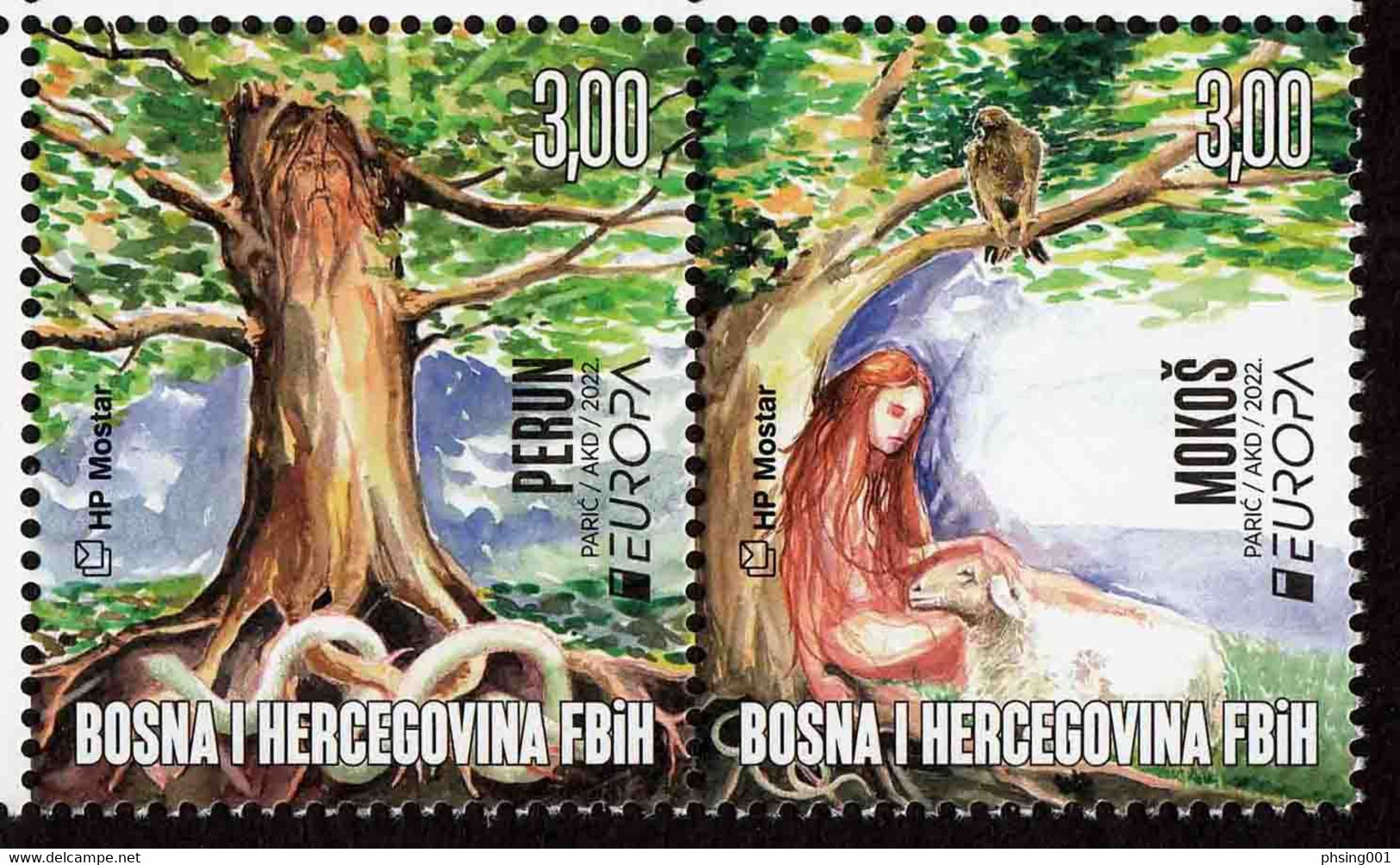 Bosnia Croatia 2022 Europa CEPT Stories And Myths Slavic Divinities Perun And Mokoš Lamb Bird Fauna Tree Set In Pair MNH - 2022