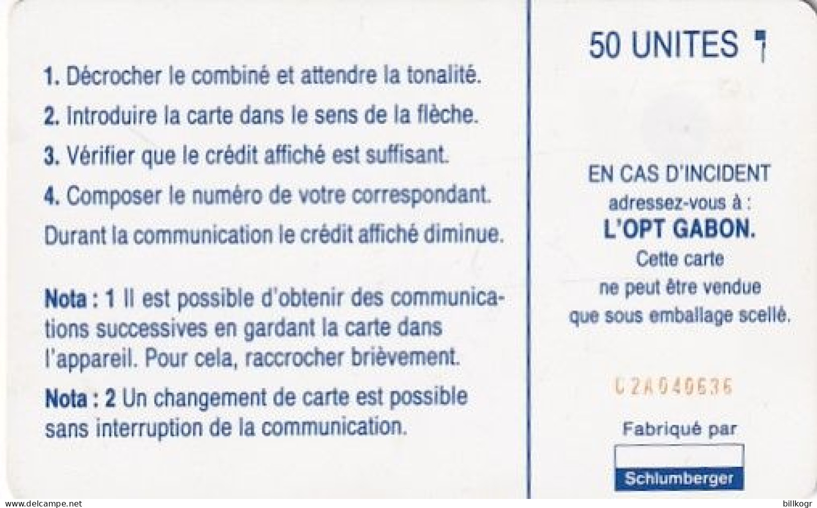 GABON - O.P.T. Logo Blue, First Chip Issue 50 Units, Chip SC4, Used - Gabon