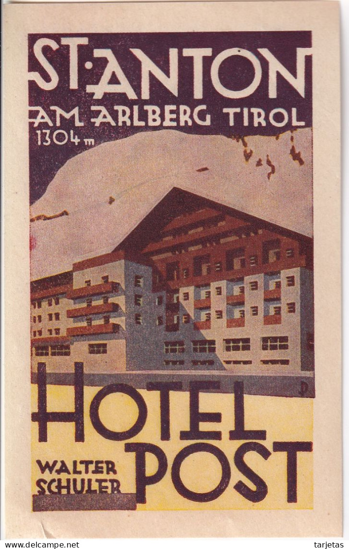 ANTIGUA ETIQUETA DEL HOTEL POST DE ST. ANTON (AUSTRIA) - Etiquettes D'hotels
