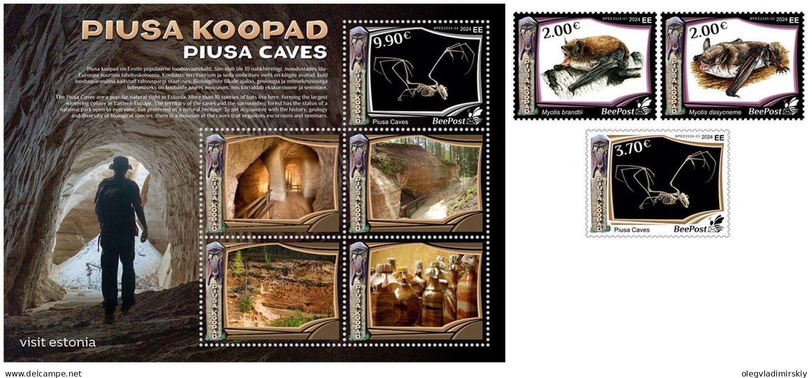 Estonia Estland Estonie 2024 Visit Estonia Piusa Caves Bats Geology BeePost Set Of 3 Stamps And Block MNH - Murciélagos