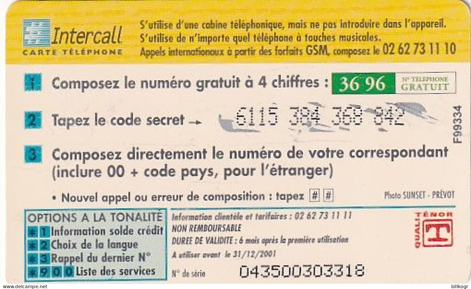 REUNION ISL. - Intercall Prepaid Card, First Issue 50 FF, Exp.date 31/12/01, Used - Riunione