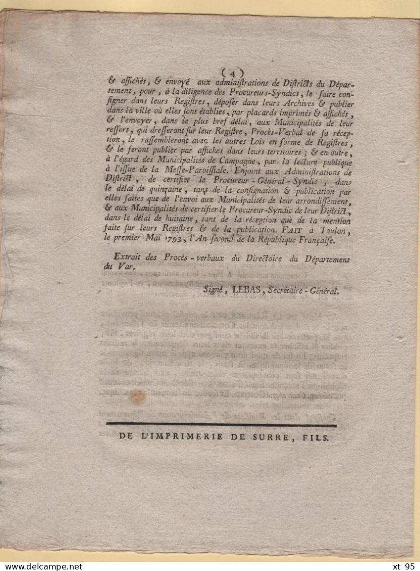 Decret De La Convention Nationale - 1793 - Concernant Les Messageries La Poste Aux Lettres Aux Chevaux - 1701-1800: Vorläufer XVIII