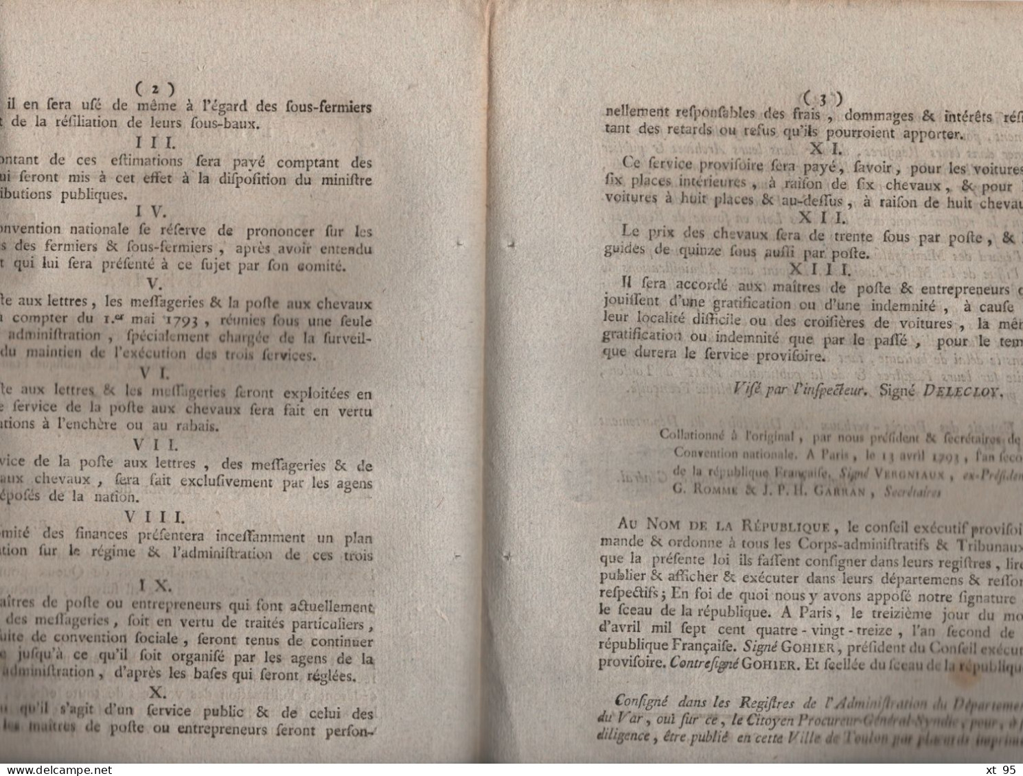 Decret De La Convention Nationale - 1793 - Concernant Les Messageries La Poste Aux Lettres Aux Chevaux - 1701-1800: Precursores XVIII