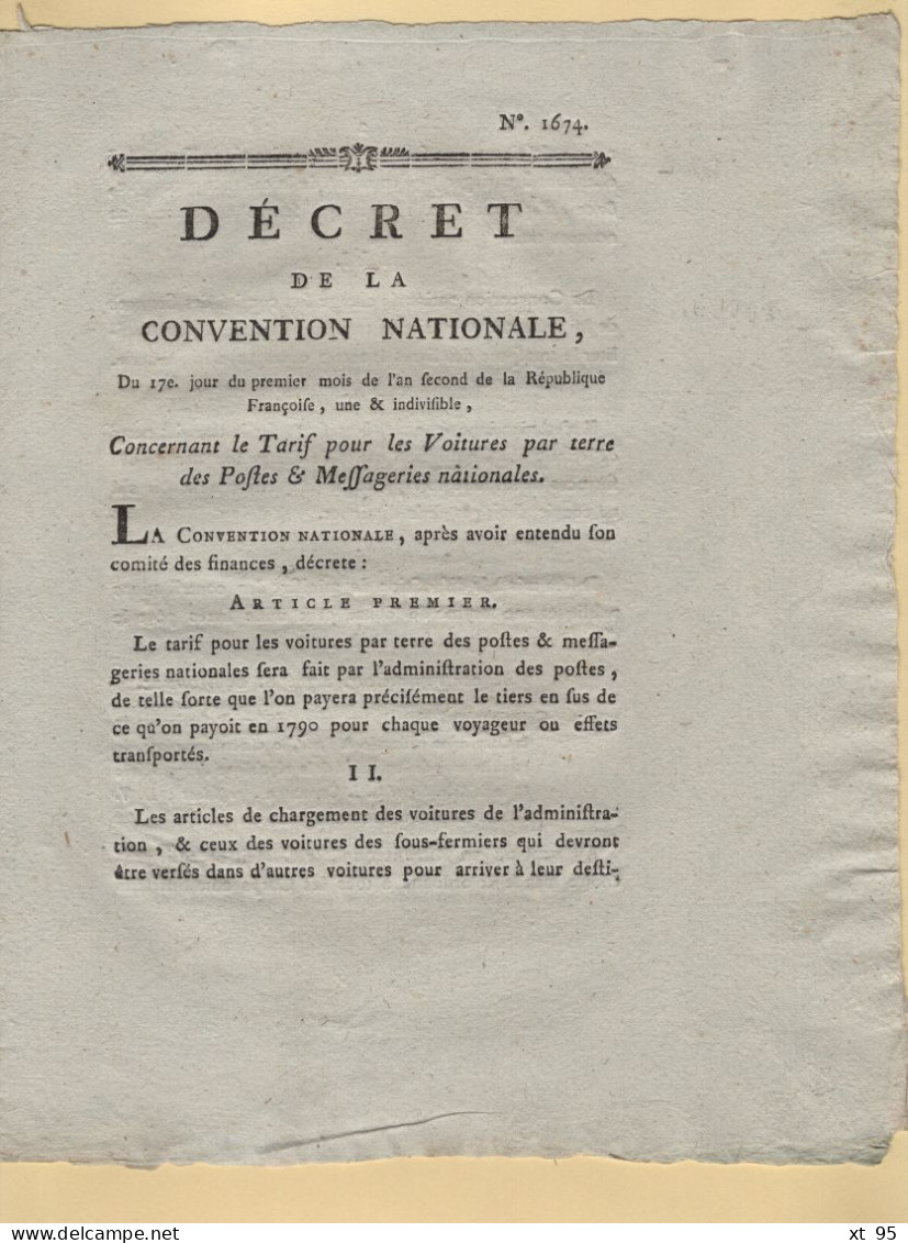 Decret De La Convention Nationale - 1793 - Concernant Le Tarif Pour Les Voitures Par Terre Des Postes Messageries - 1701-1800: Precursors XVIII