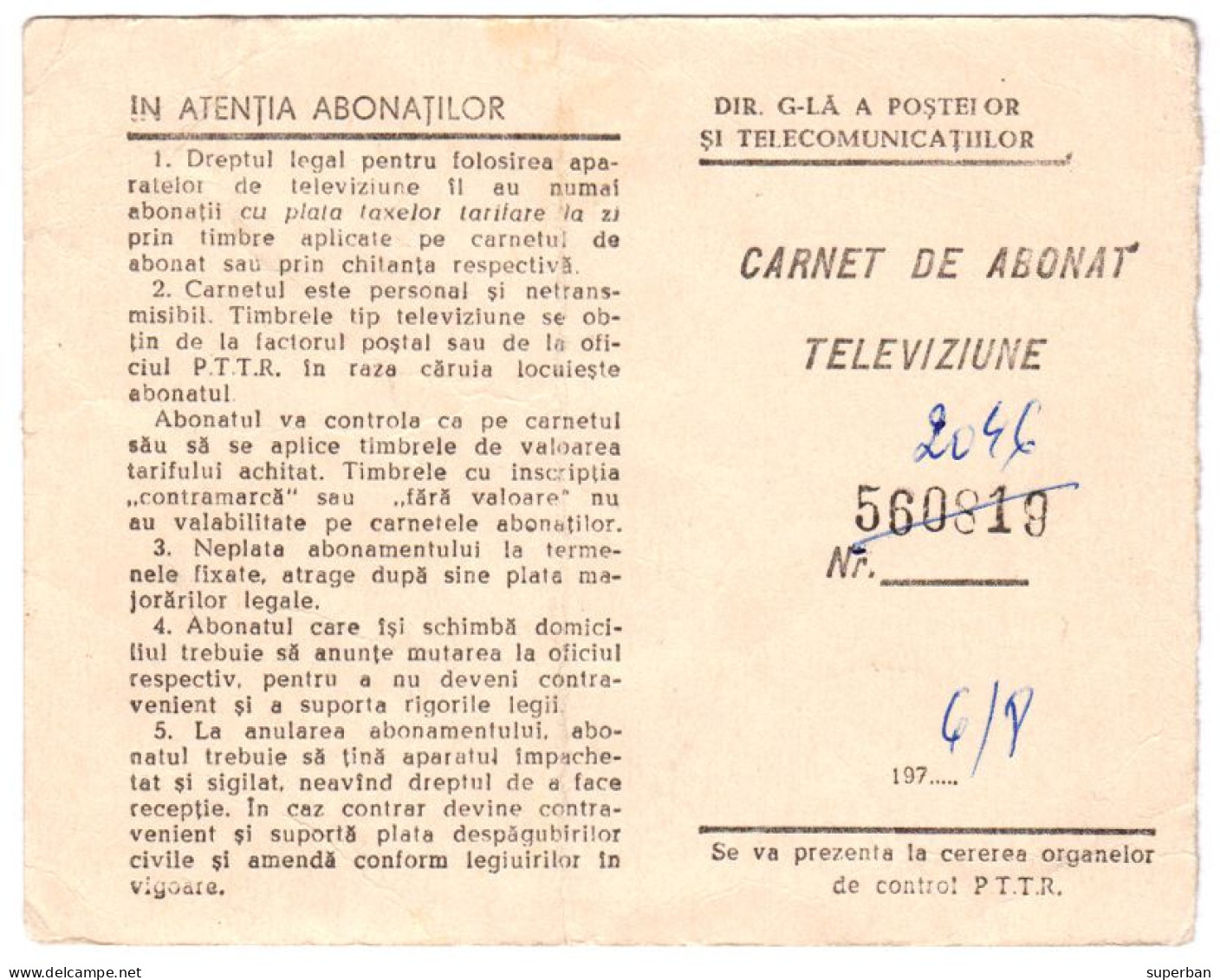 ROMANIA - CINDERELLA : CARNET DE ABONAT : TELEVIZIUNE / RADIO-TELEVIZIUNE- 11 TIMBRES / 11 STAMPS - 1976 (an015) - Fiscale Zegels