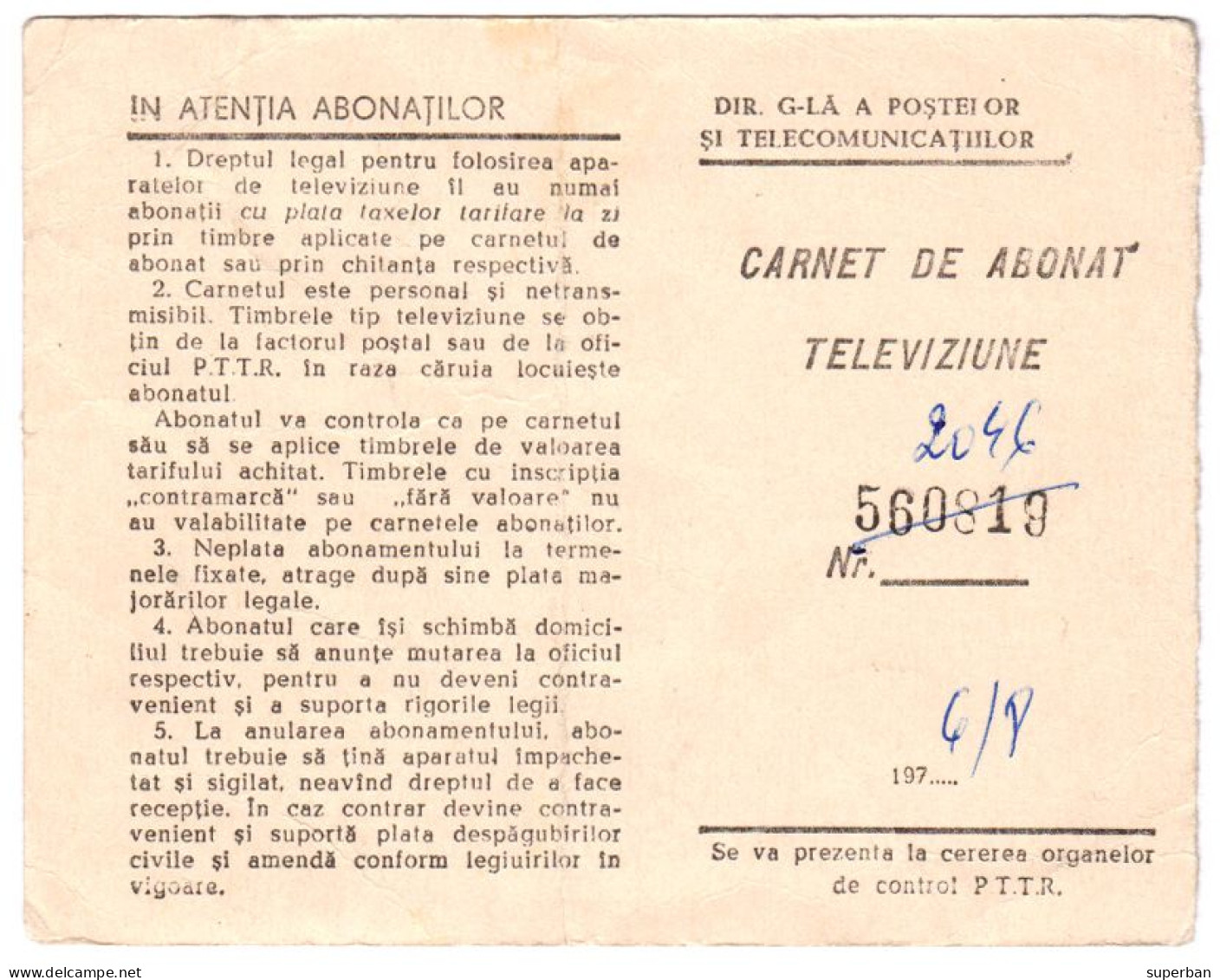 ROMANIA - CINDERELLA : CARNET DE ABONAT : TELEVIZIUNE / RADIO-TELEVIZIUNE- 11 TIMBRES / 11 STAMPS - 1976 (an015) - Fiscali