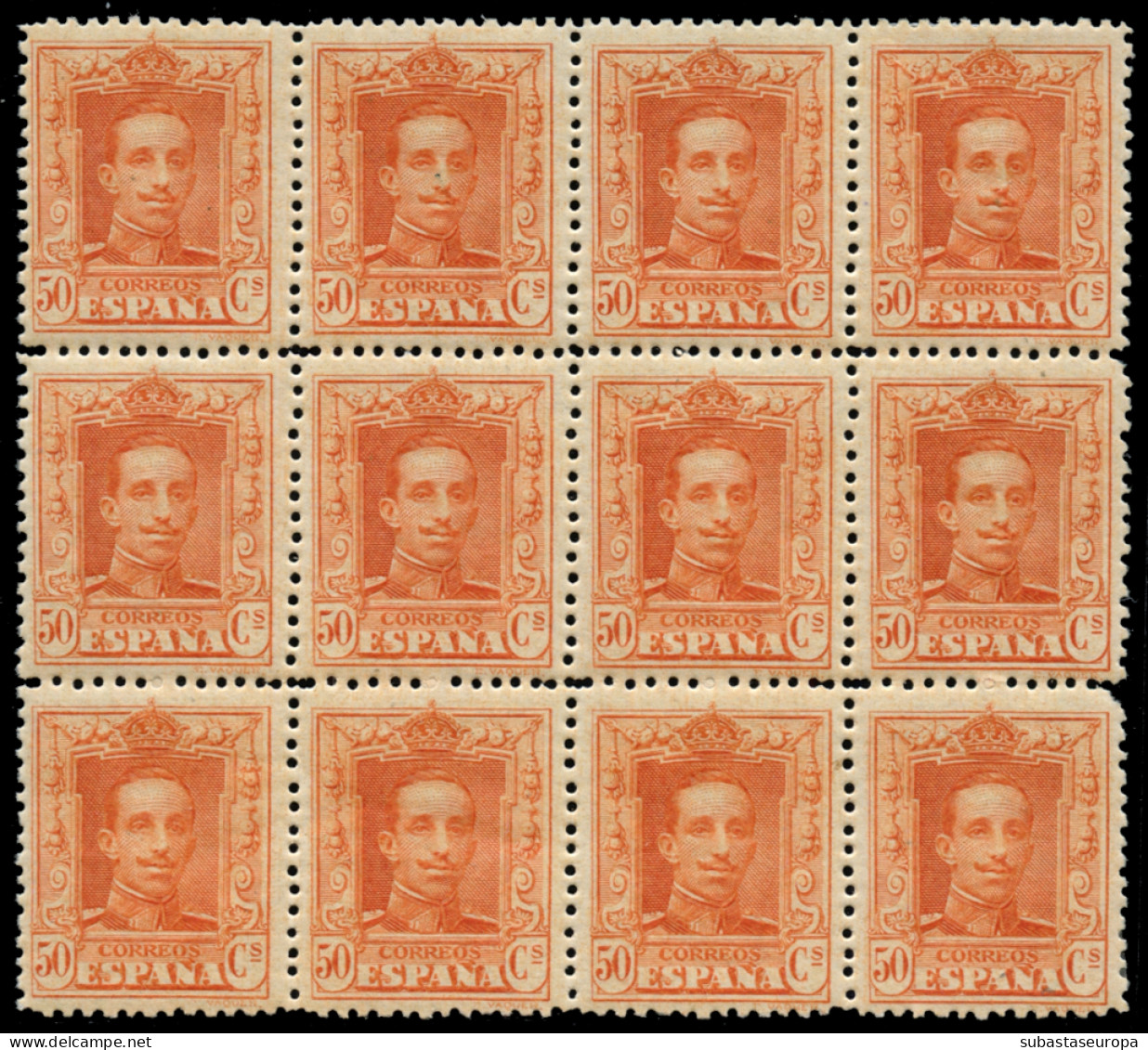 ** 320. Vaquer. 50 Cts. Naranja. Bloque De 12. Muy Bien Centrados. Raro En Bloque. 2 Sellos Con Fijasellos. - Unused Stamps